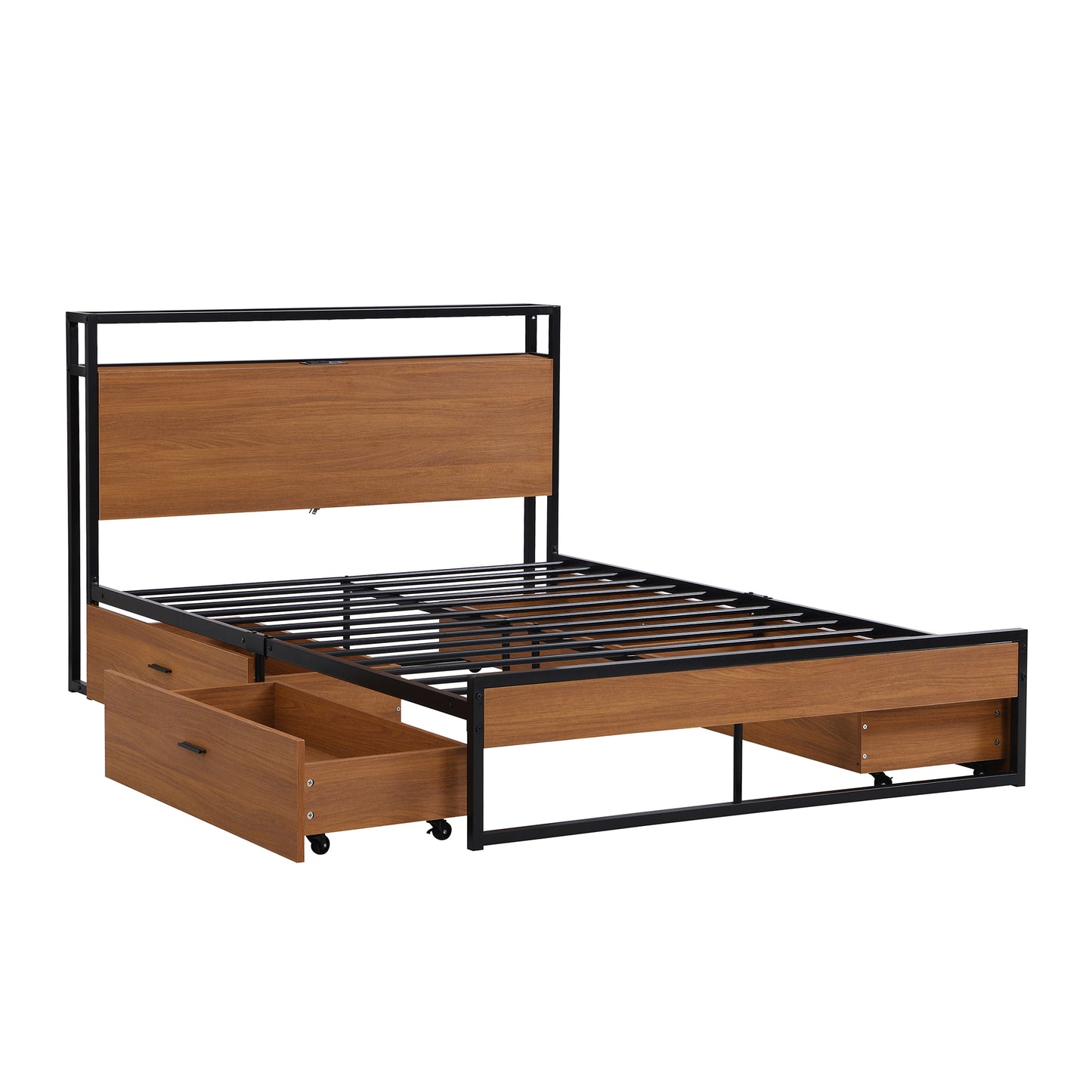 Full Size Metal Platform Bed Frame with  Four Drawers,Sockets and USB Ports ,Slat Support No Box Spring Needed Black