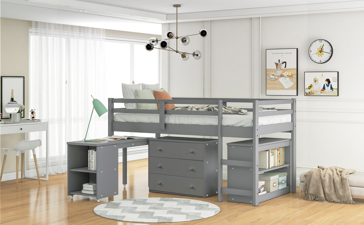 Low Study Twin Loft Bed with Cabinet and Rolling Portable Desk - Gray