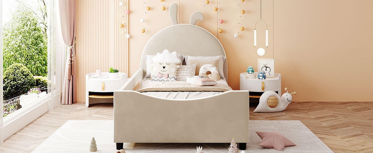 Twin Size Upholstered Daybed with Rabbit Ear Shaped Headboard, Beige