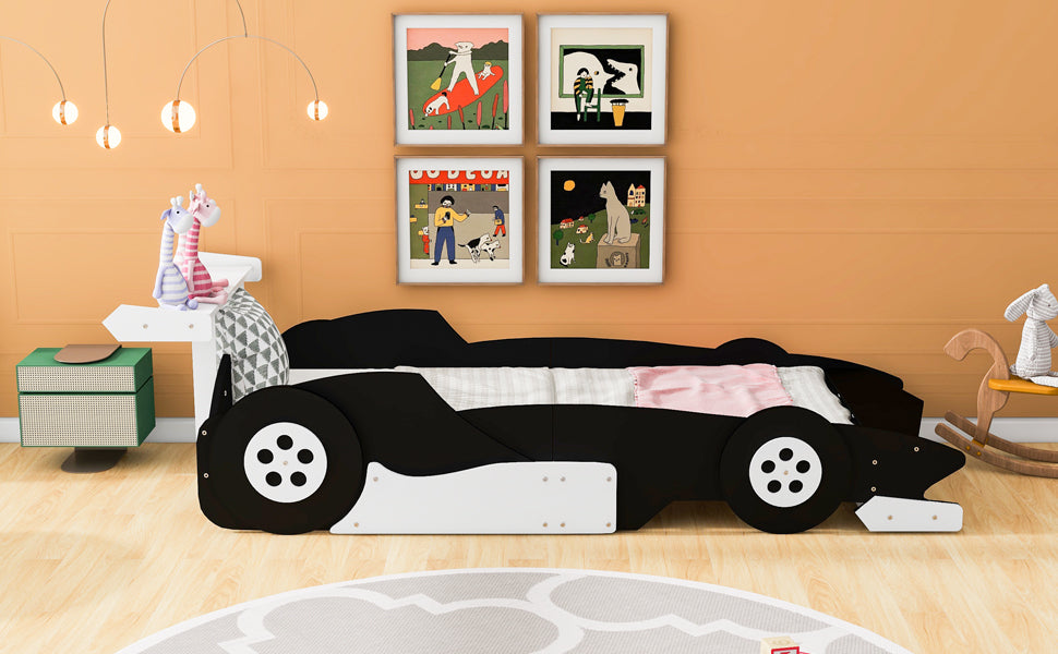 Twin Size Race Car-Shaped Platform Bed with Wheels,Black