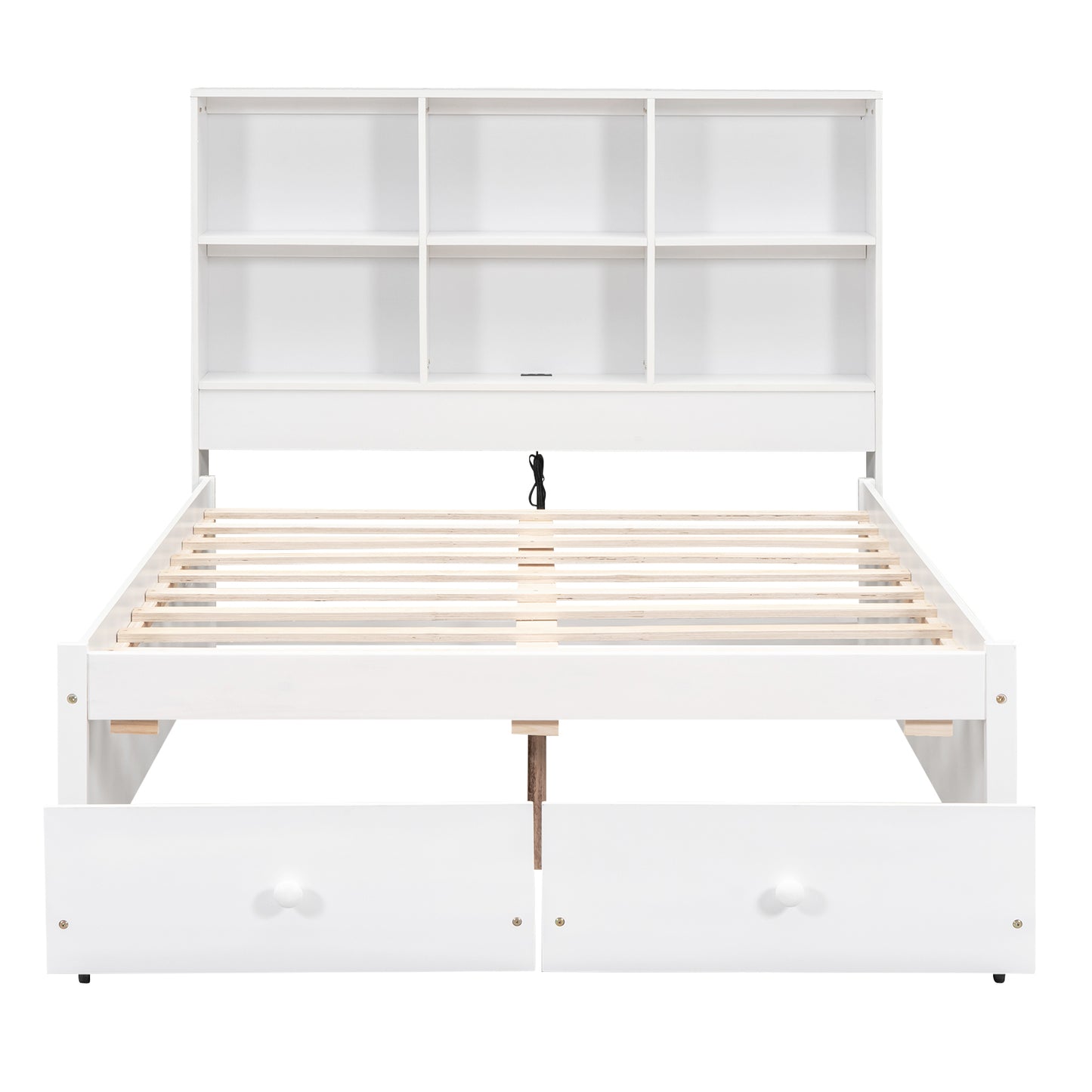 Full Size Platform Bed with Storage Headboard, Charging Station and 2 Drawers, White