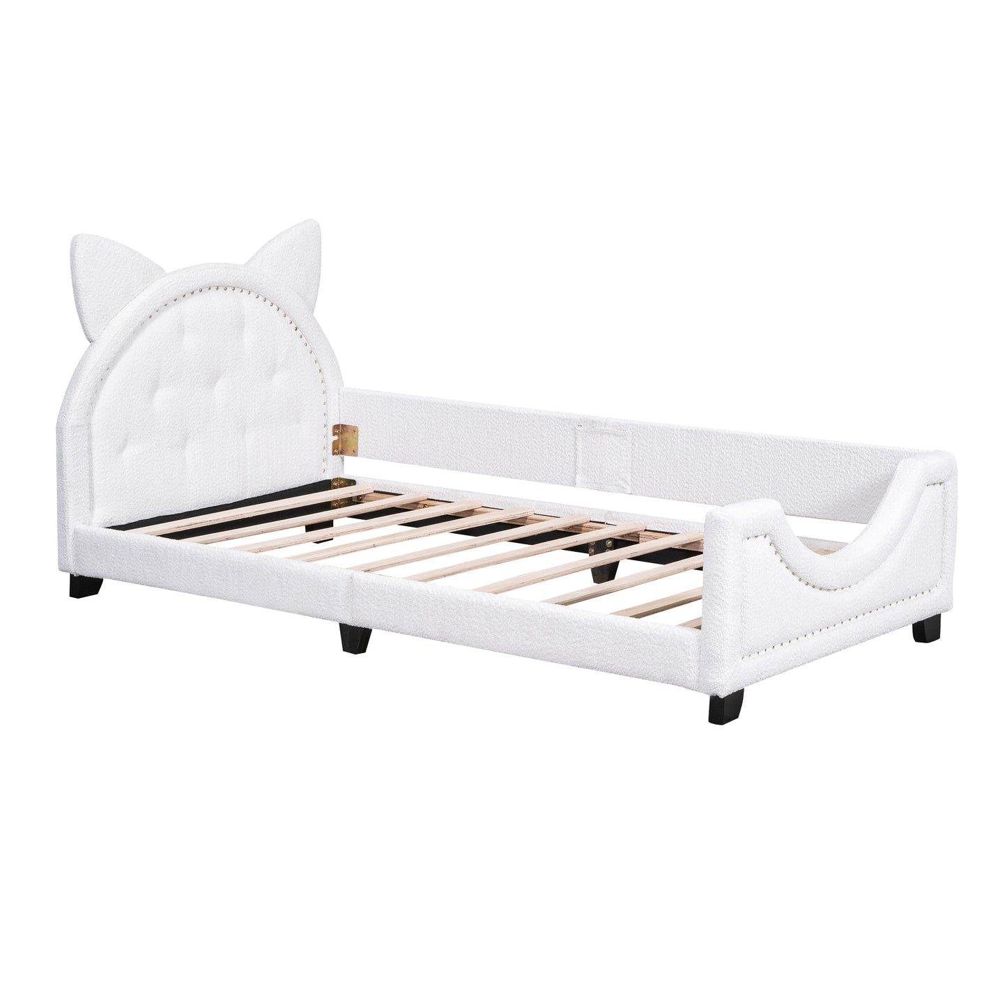 Teddy Fleece Twin Size Upholstered Daybed with Carton Ears Shaped Headboard, White