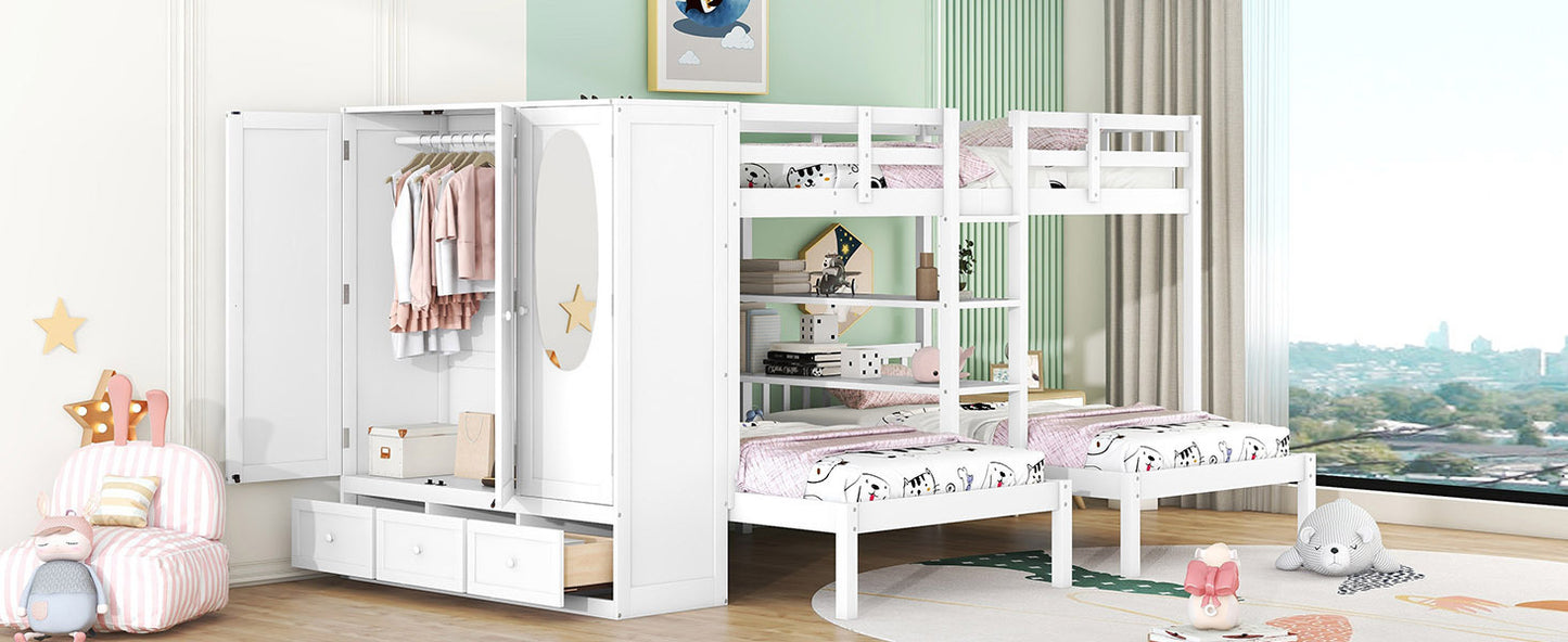 Full-Over-Twin-Twin Bunk Bed with Shelves, Wardrobe and Mirror, White