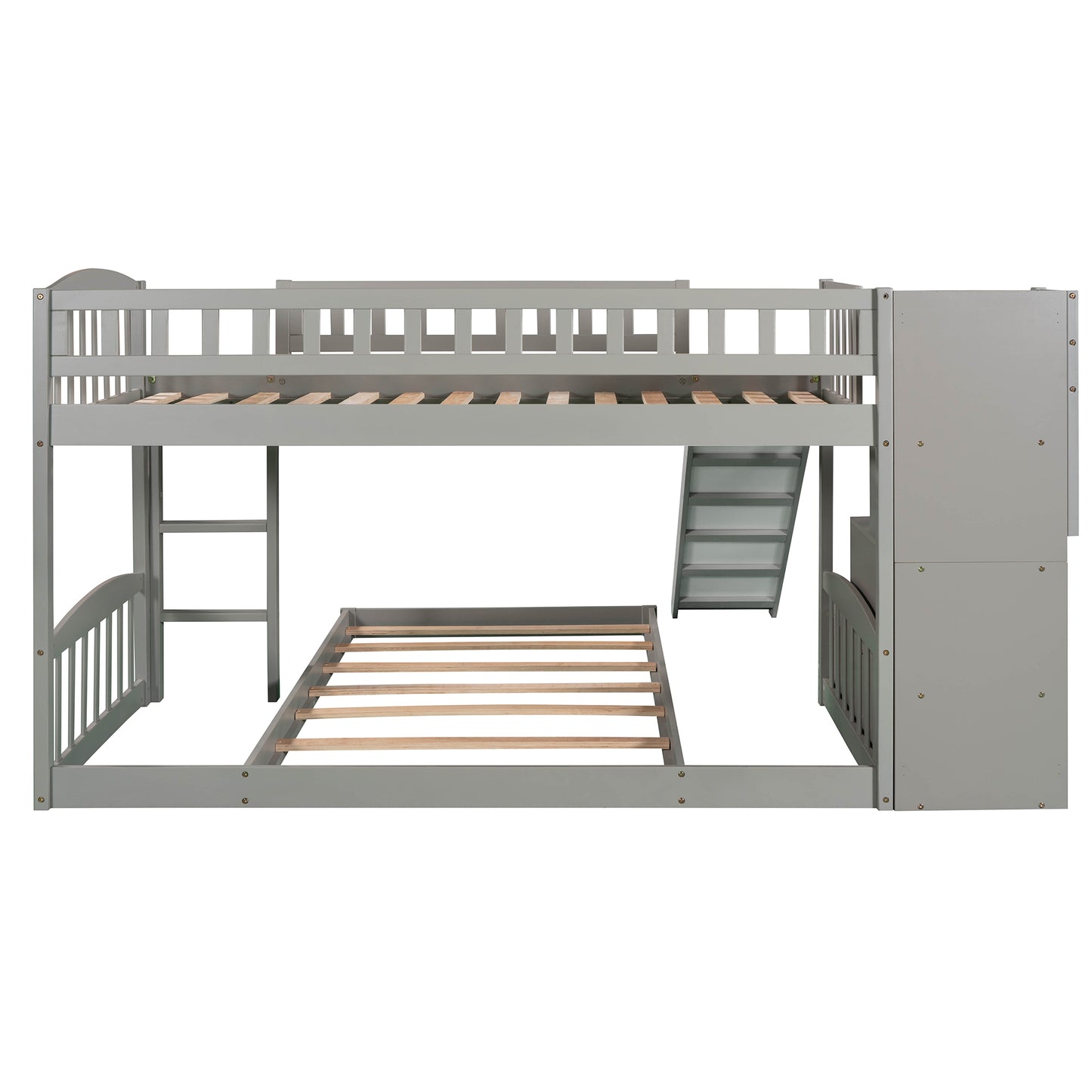 Stairway Twin over Twin Bunk Bed with Two Drawers and Slide, Gray