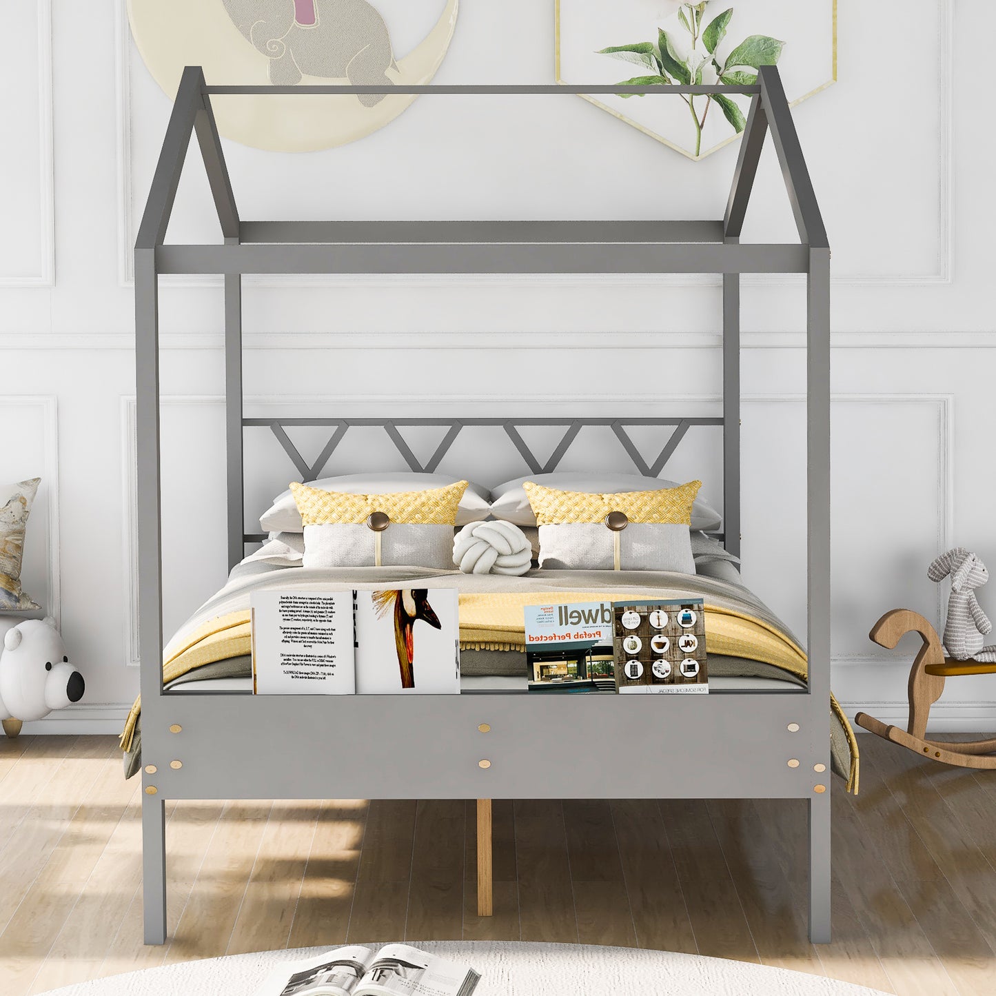 Full Size Wood House Platform Bed with Storage Space, Gray