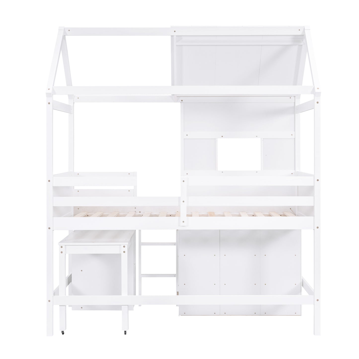 Twin Size House Loft Bed with Storage Desk and 3 Drawer Chest, White