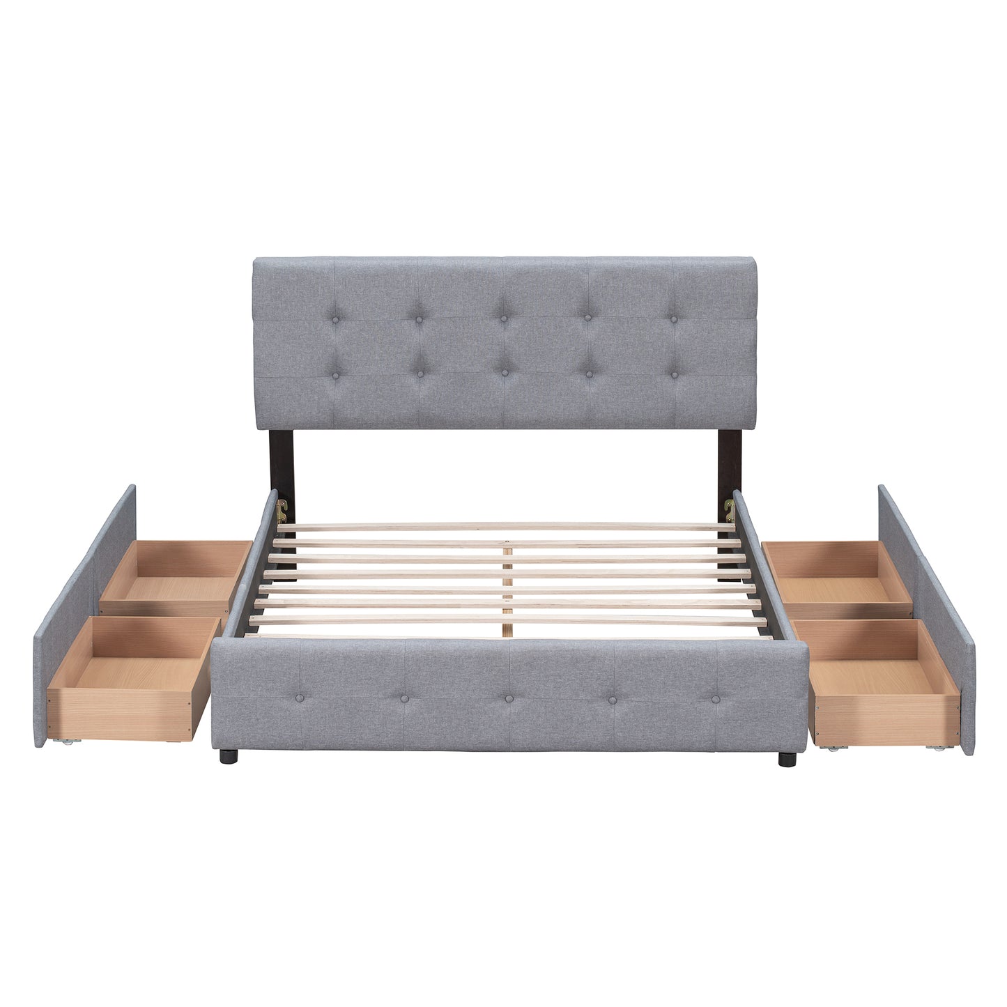 Upholstered Platform Bed with Classic Headboard and 4 Drawers, No Box Spring Needed, Linen Fabric, Queen Size Light Gray