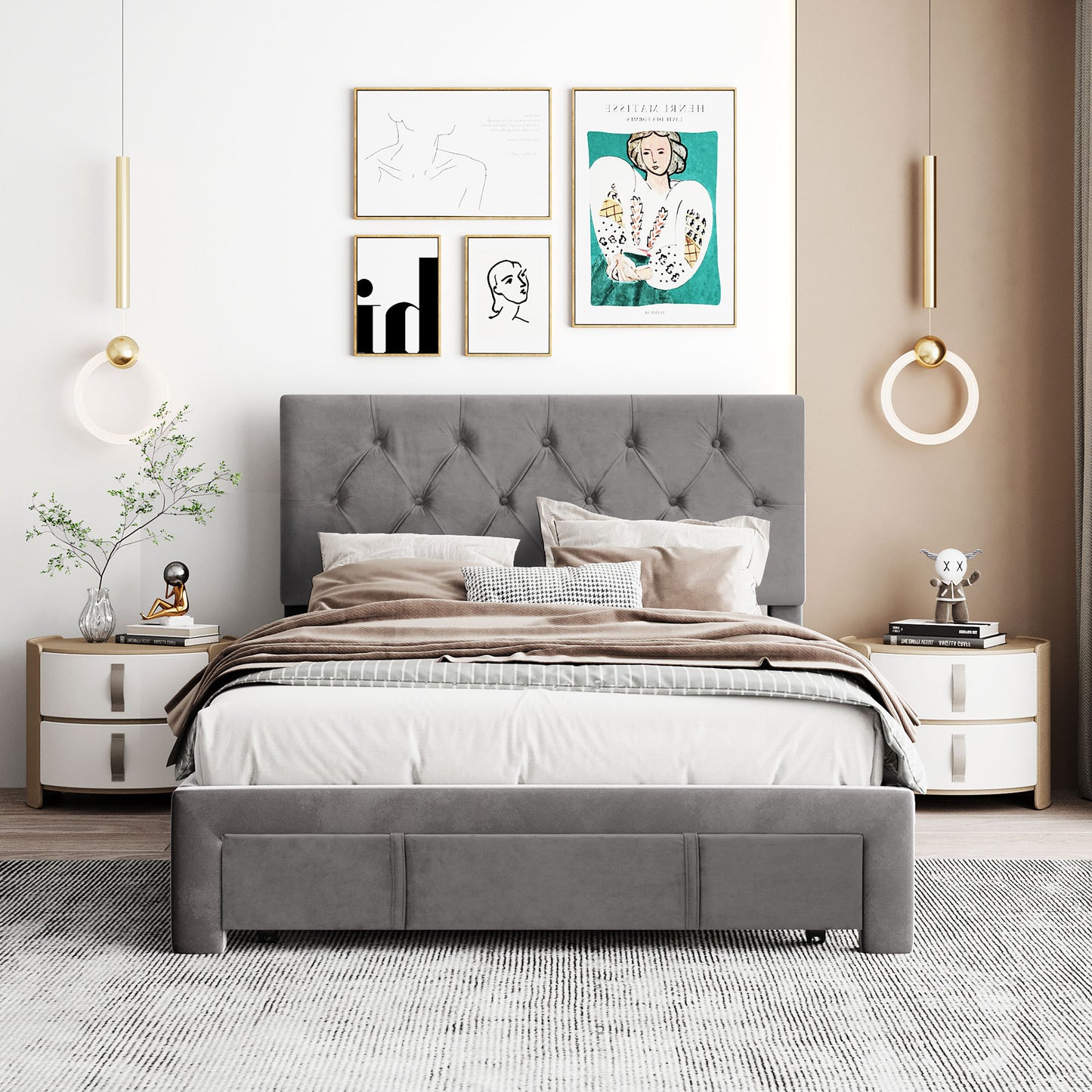 Full Size Storage Bed Velvet Upholstered Platform Bed with a Big Drawer - Grey