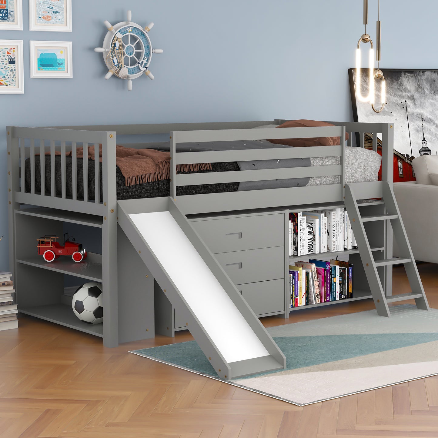 Low Loft Bed with Attached Bookcases and Separate 3-tier Drawers,Convertible Ladder and Slide,Twin,Gray
