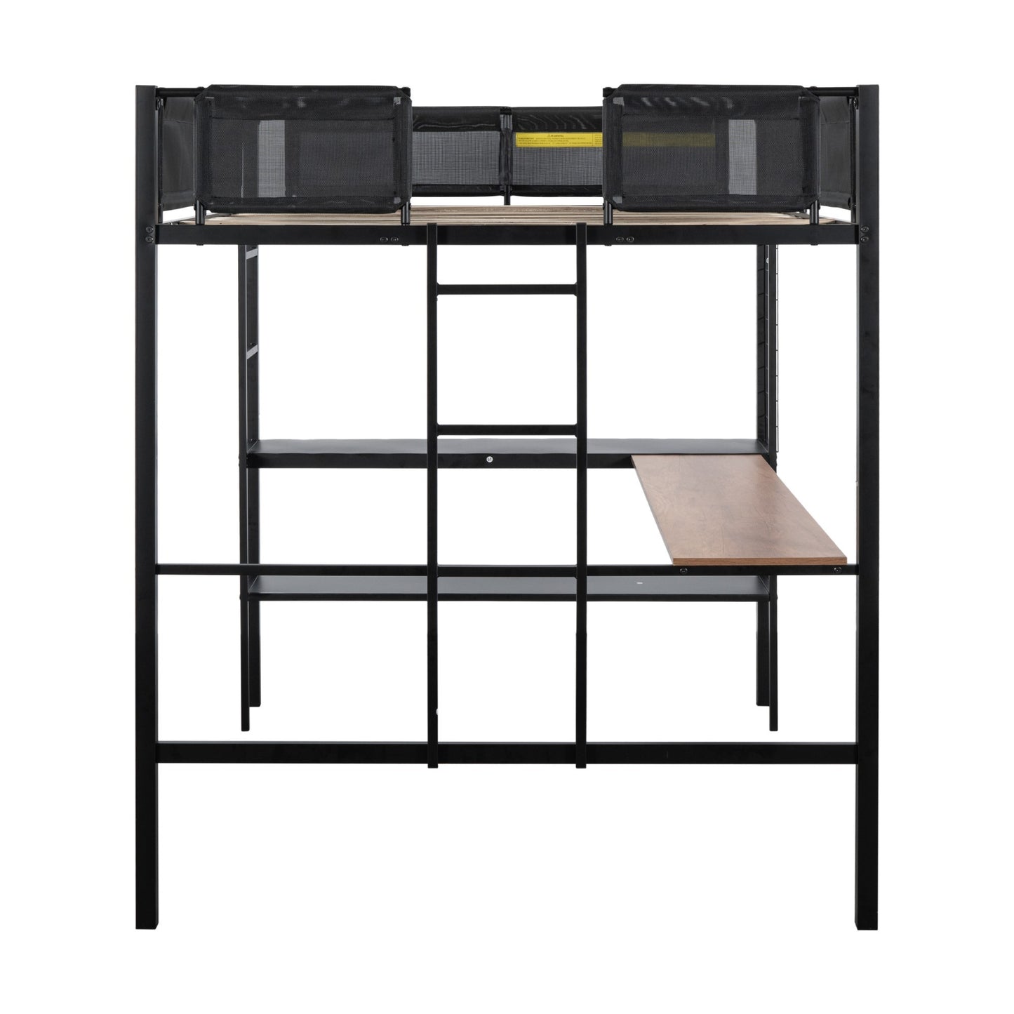 Metal Full Size Loft Bed with Desk & Shelves/ Sturdy Metal Bed Frame/ Noise-free Wood Slats/ Comfortable Textilene Guardrail/ Built-in Desk, 2-tier Shelves & Grid Panel/ 2 Side Ladders