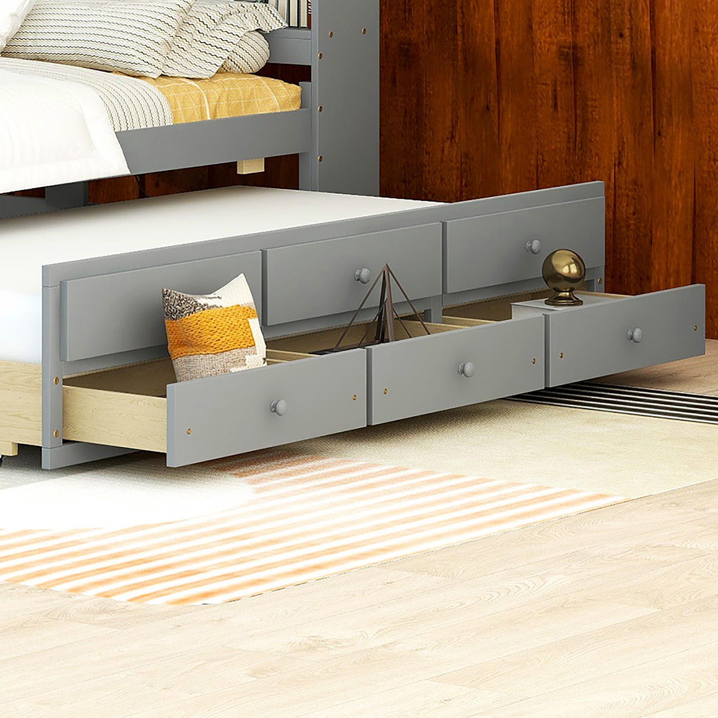 Full Size Platform Bed with USB & Type-C Ports, LED light, Bookcase Headboard, Trundle and 3 Storage Drawers, Grey