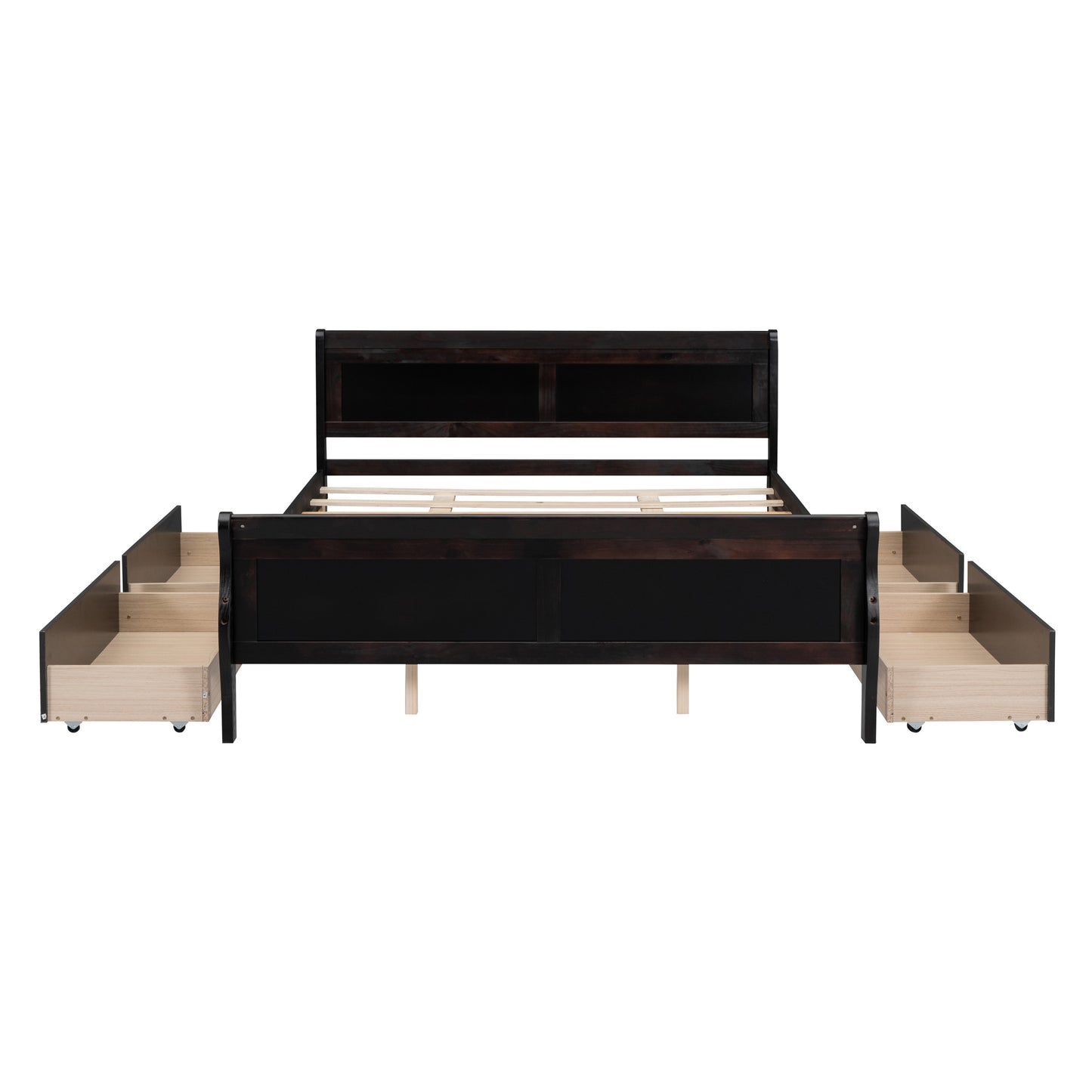 Queen Size Wood Platform Bed with 4 Drawers and Streamlined Headboard & Footboard, Espresso