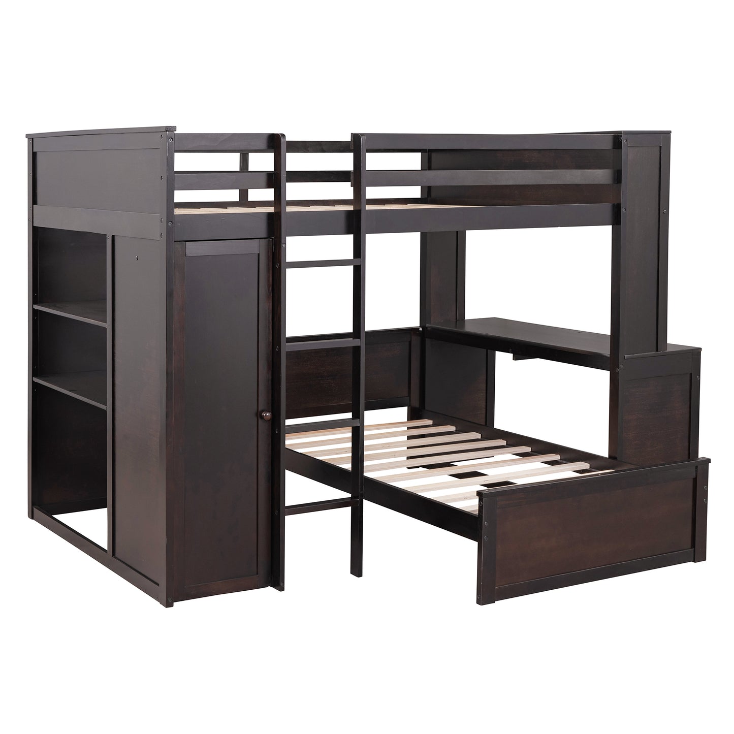Full size Loft Bed with a twin size Stand-alone bed, Shelves,Desk,and Wardrobe-Espresso