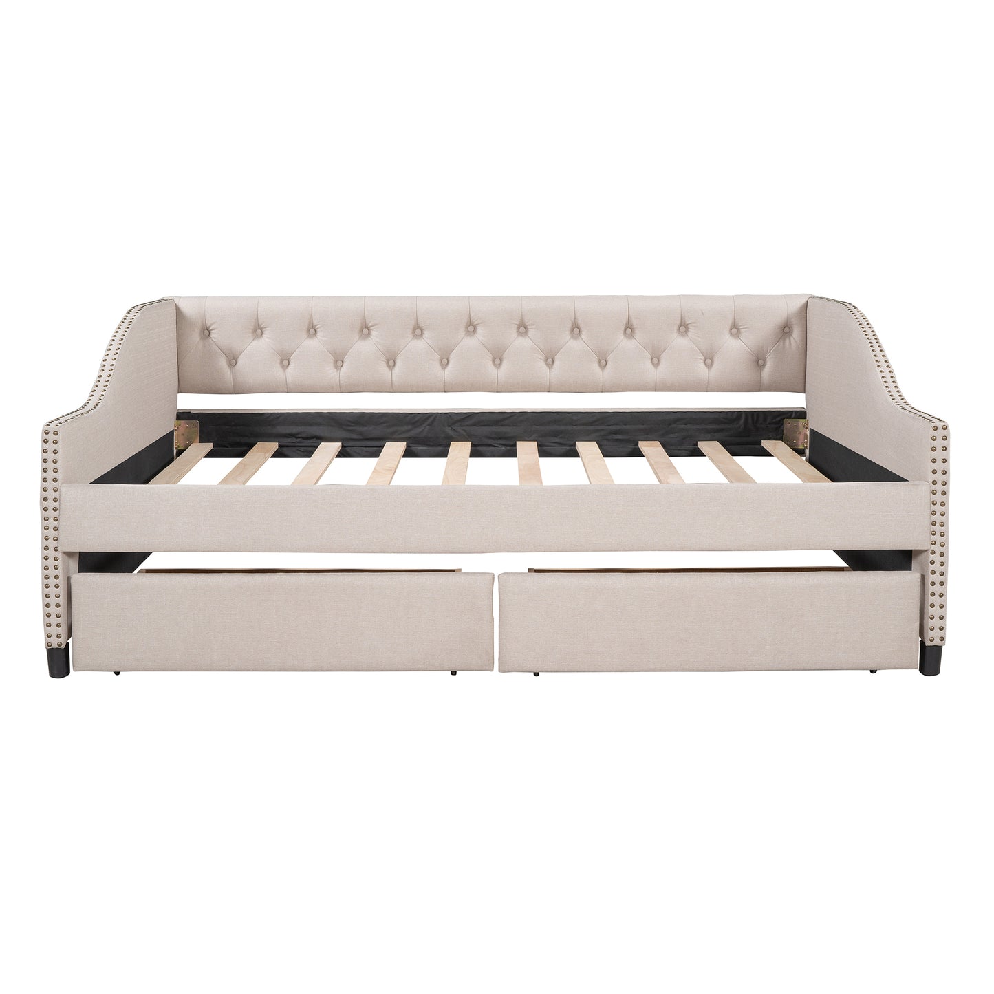 Upholstered daybed with Two Drawers, Wood Slat Support, Beige, Full Size