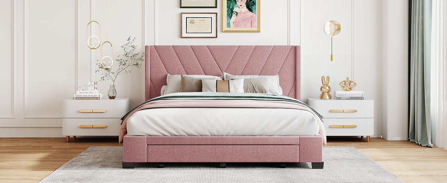 Queen Size Storage Bed Linen Upholstered Platform Bed with 3 Drawers (Pink)