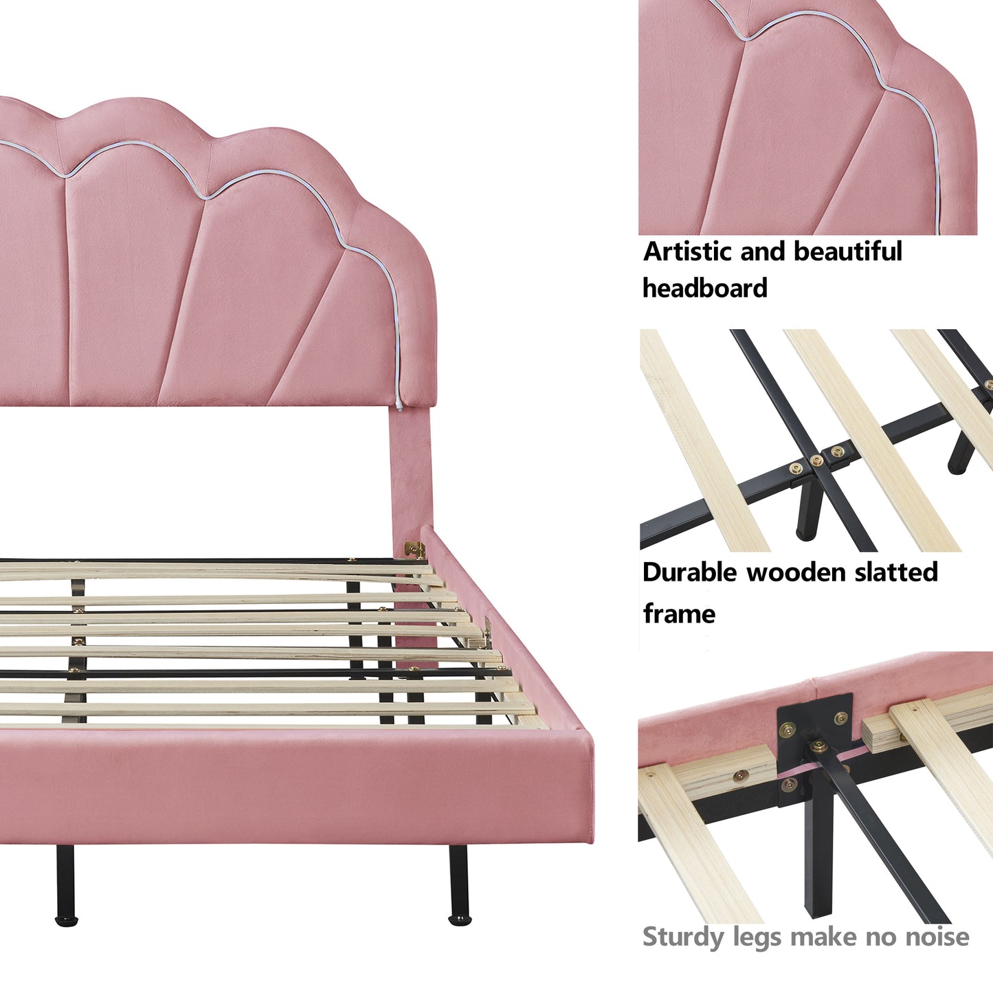 Queen Upholstered Smart LED Bed Frame with Elegant Flowers Headboard,Floating Velvet Platform LED Bed with Wooden Slats Support,Pink