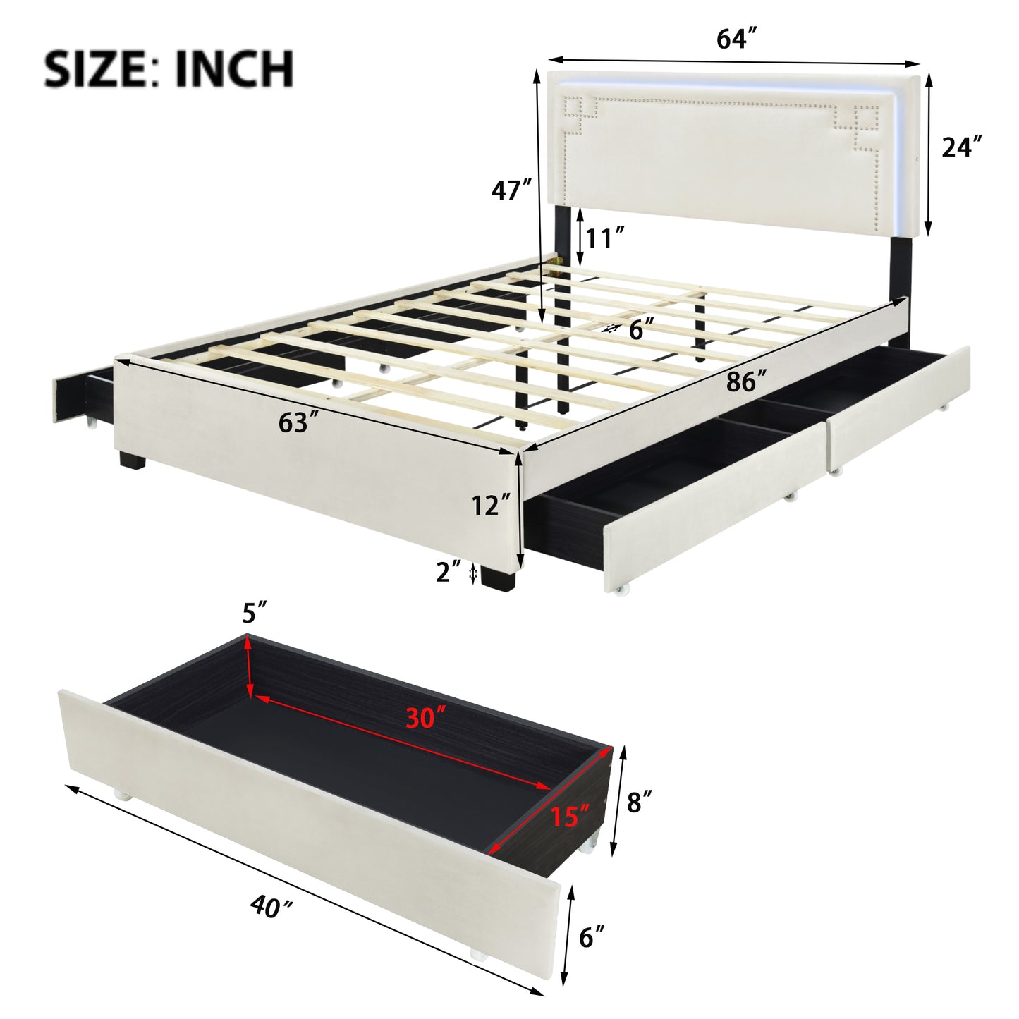 Queen Size Upholstered Platform Bed with Rivet-decorated Headboard, LED bed frame and 4 Drawers, Beige