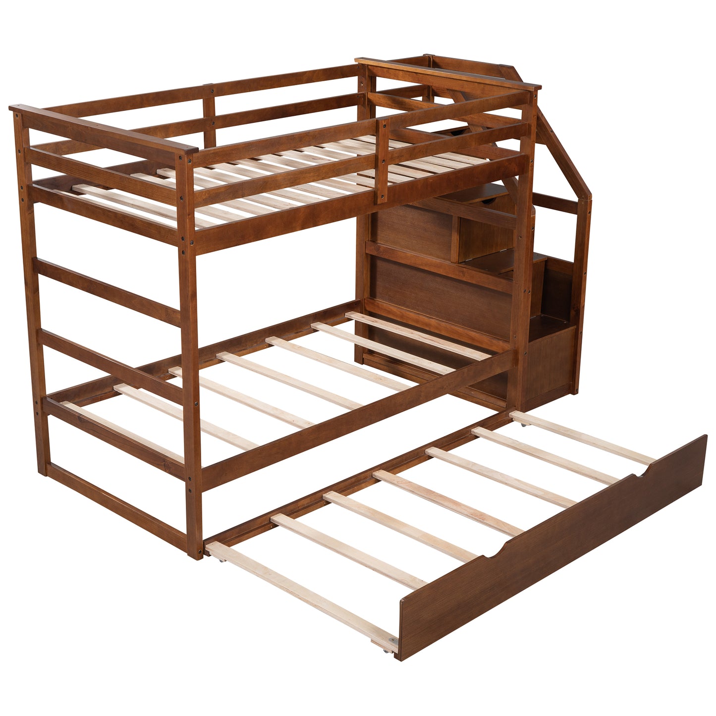 Twin-Over-Twin Bunk Bed with Twin Size Trundle and 3 Storage Stairs,Walnut