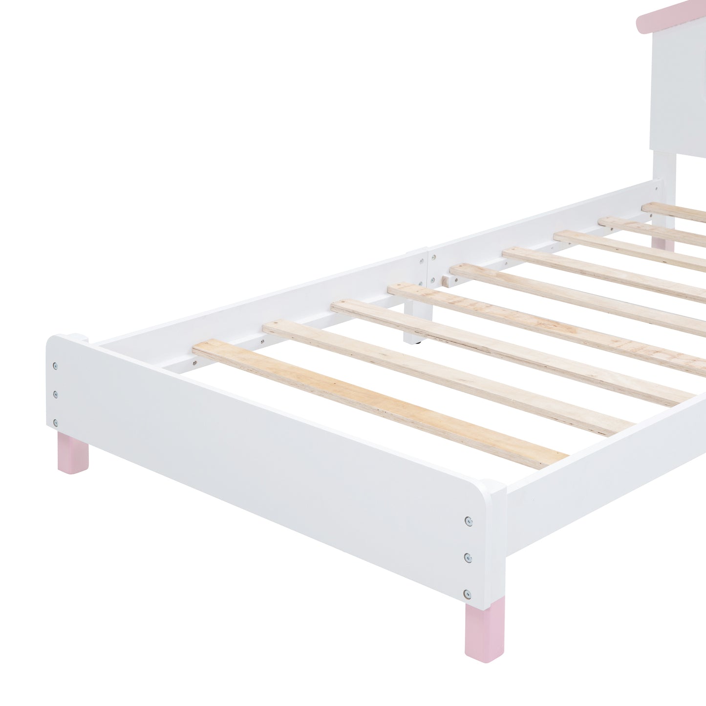 Twin Size Wood Platform Bed with House-shaped Headboard and Motion Activated Night Lights (White+Pink)