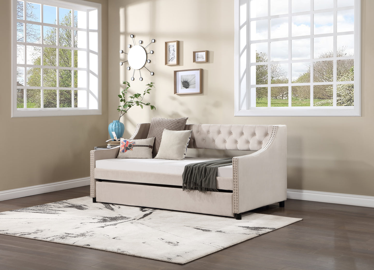 Daybed with Trundle Upholstered Tufted Sofa Bed, with Button and Copper Nail on Arms full Size Beige
