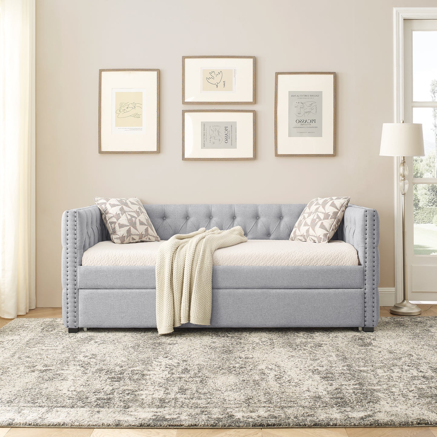Twin Daybed with Trundle Upholstered Tufted Sofa Bed, with Button and Copper Nail on Square Arms,Grey
