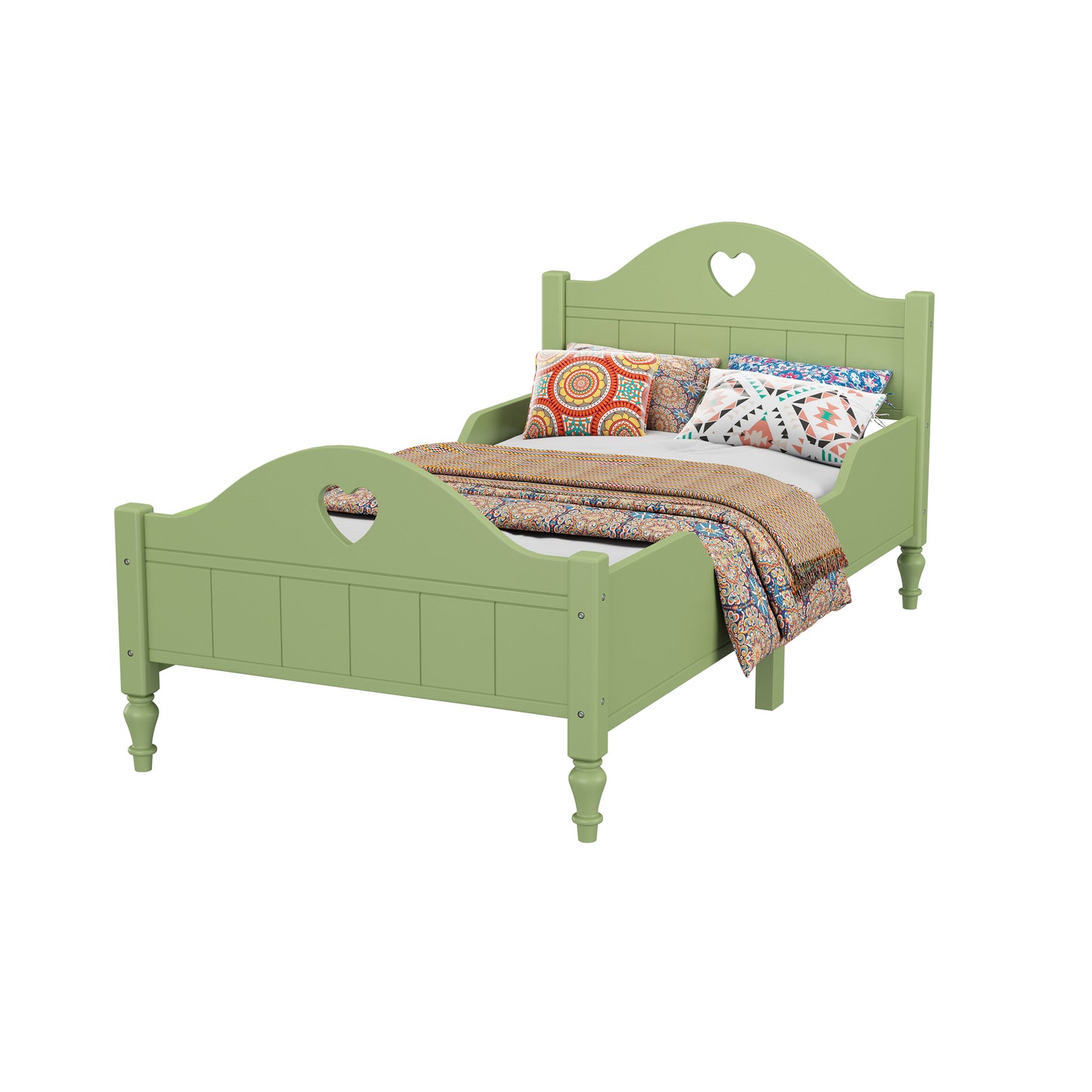 Macaron Twin Size Toddler Bed with Side Safety Rails and Headboard and Footboard,Oliver Green