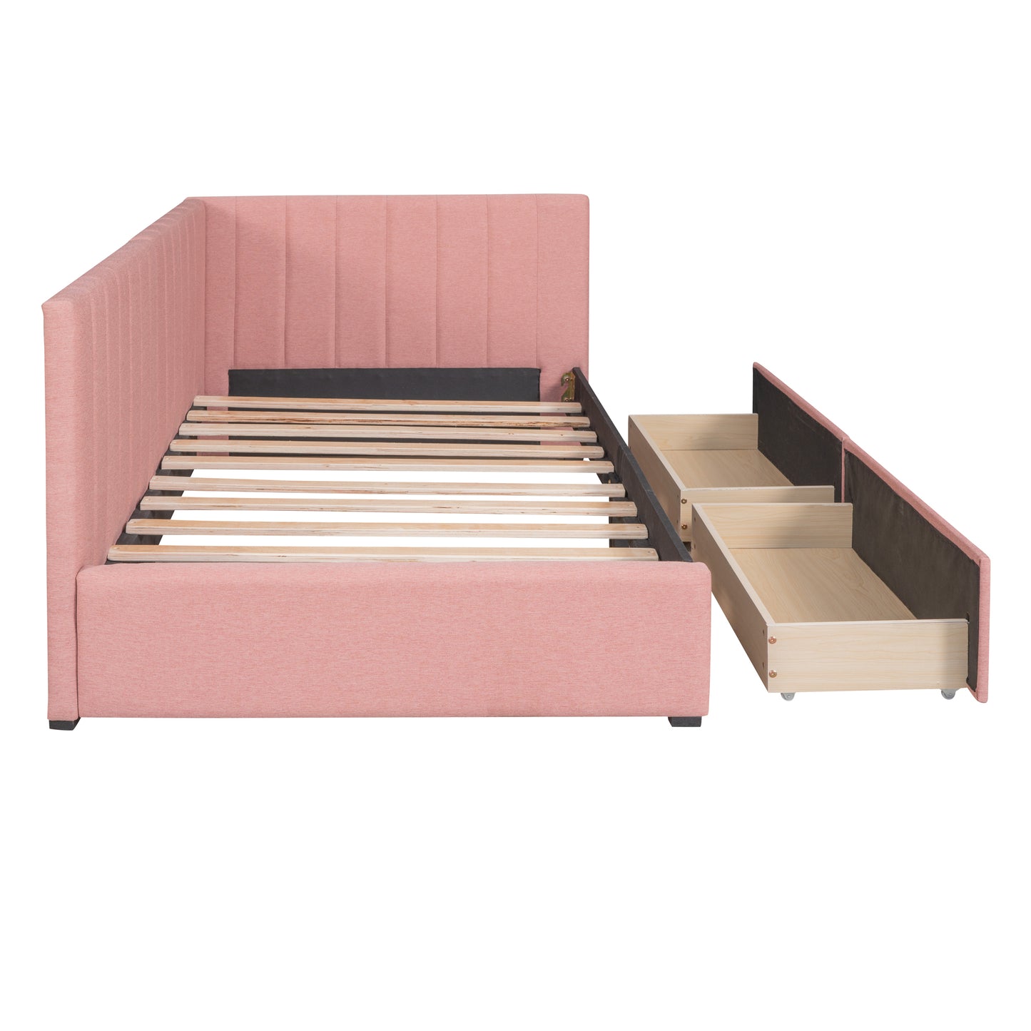 Twin Size Upholstered Daybed with 2 Storage Drawers, Linen Fabric (Pink)