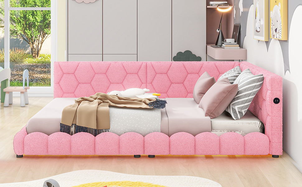 Upholstered Full Size platform bed with USB Ports and LED belt, Pink