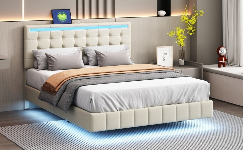 Queen Size Floating Bed Frame with LED Lights and USB Charging,Modern Upholstered Platform LED Bed Frame,Beige
