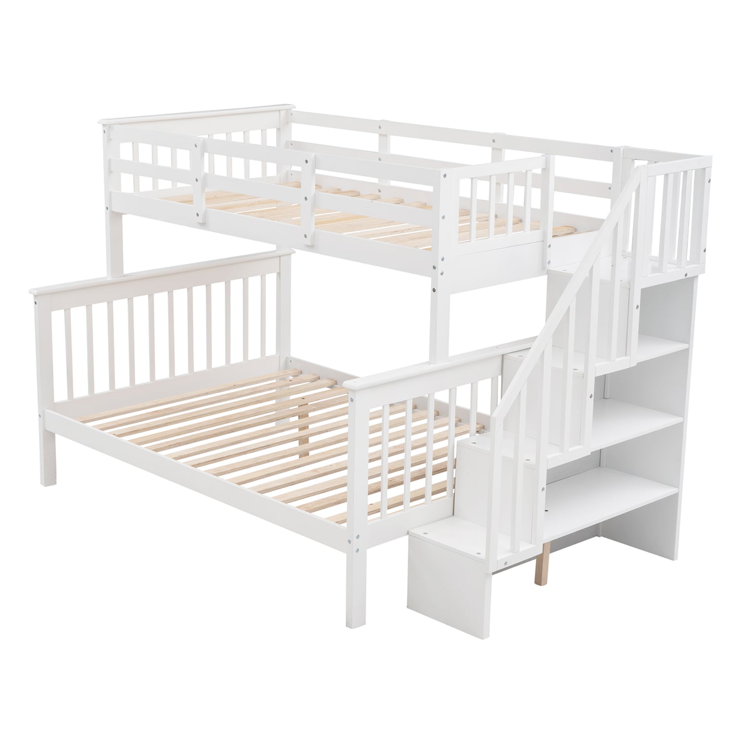 Stairway Twin-Over-Full Bunk Bed with Storage and Guard Rail for Bedroom, White color