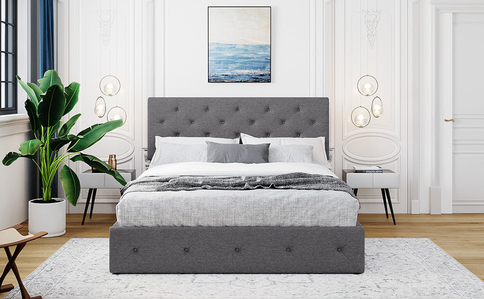 Queen size Upholstered Platform bed with a Hydraulic Storage System - Gray