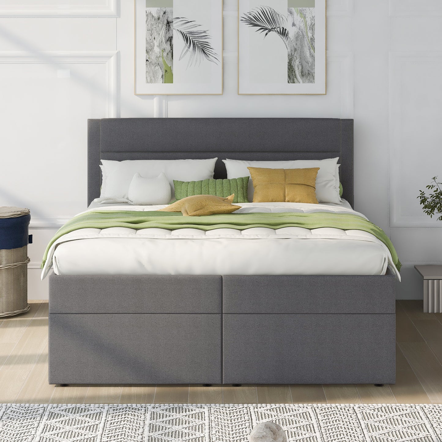 Queen Size Upholstered Platform Bed with Storage Underneath, Gray