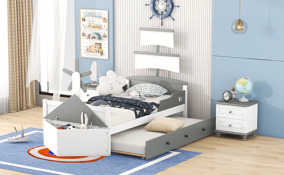 3-Pieces Bedroom Sets,Twin Size Boat-Shaped Platform Bed with Trundle and Two Nightstands,White+Gray