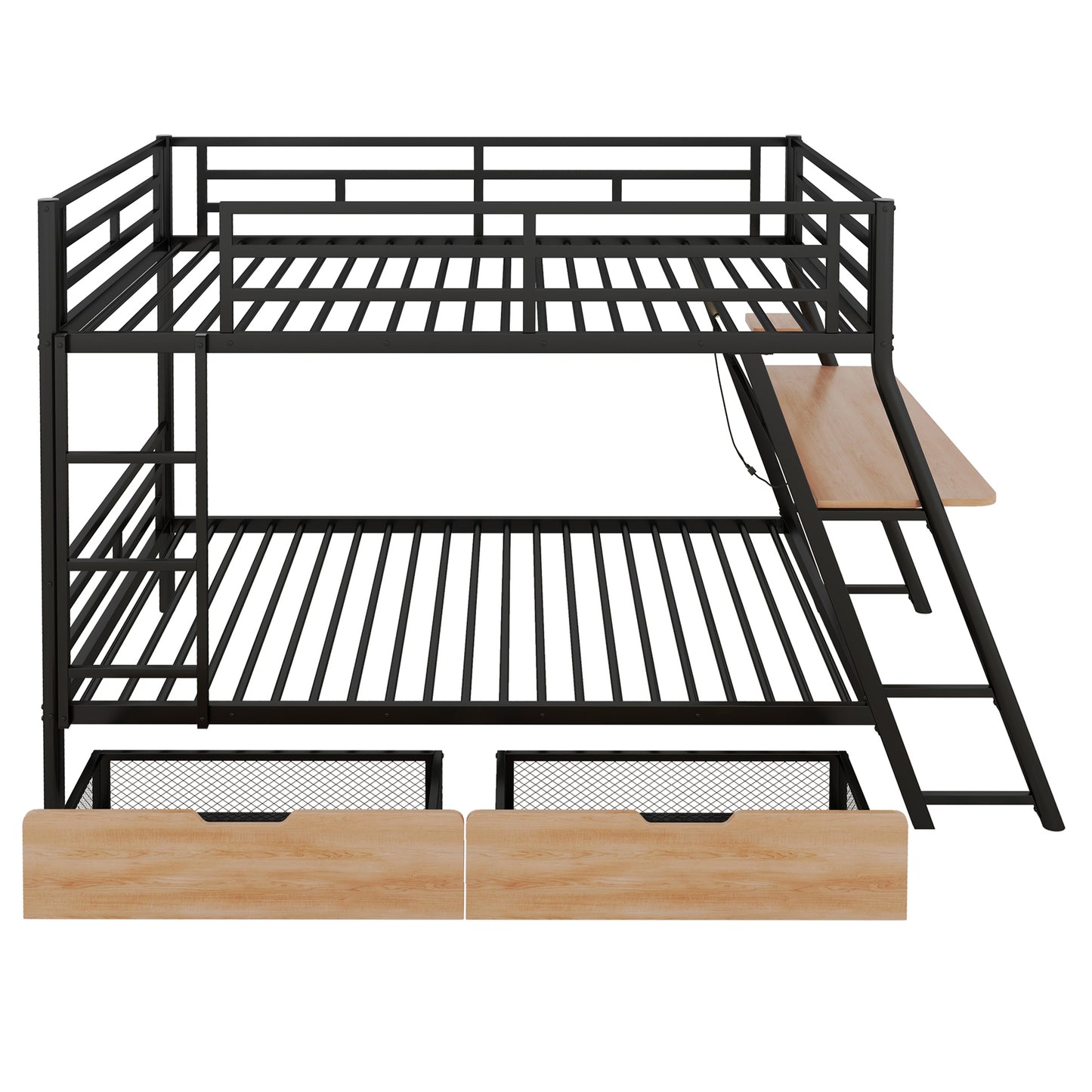 Full Size Metal Bunk Bed with Built-in Desk, Light and 2 Drawers, Black