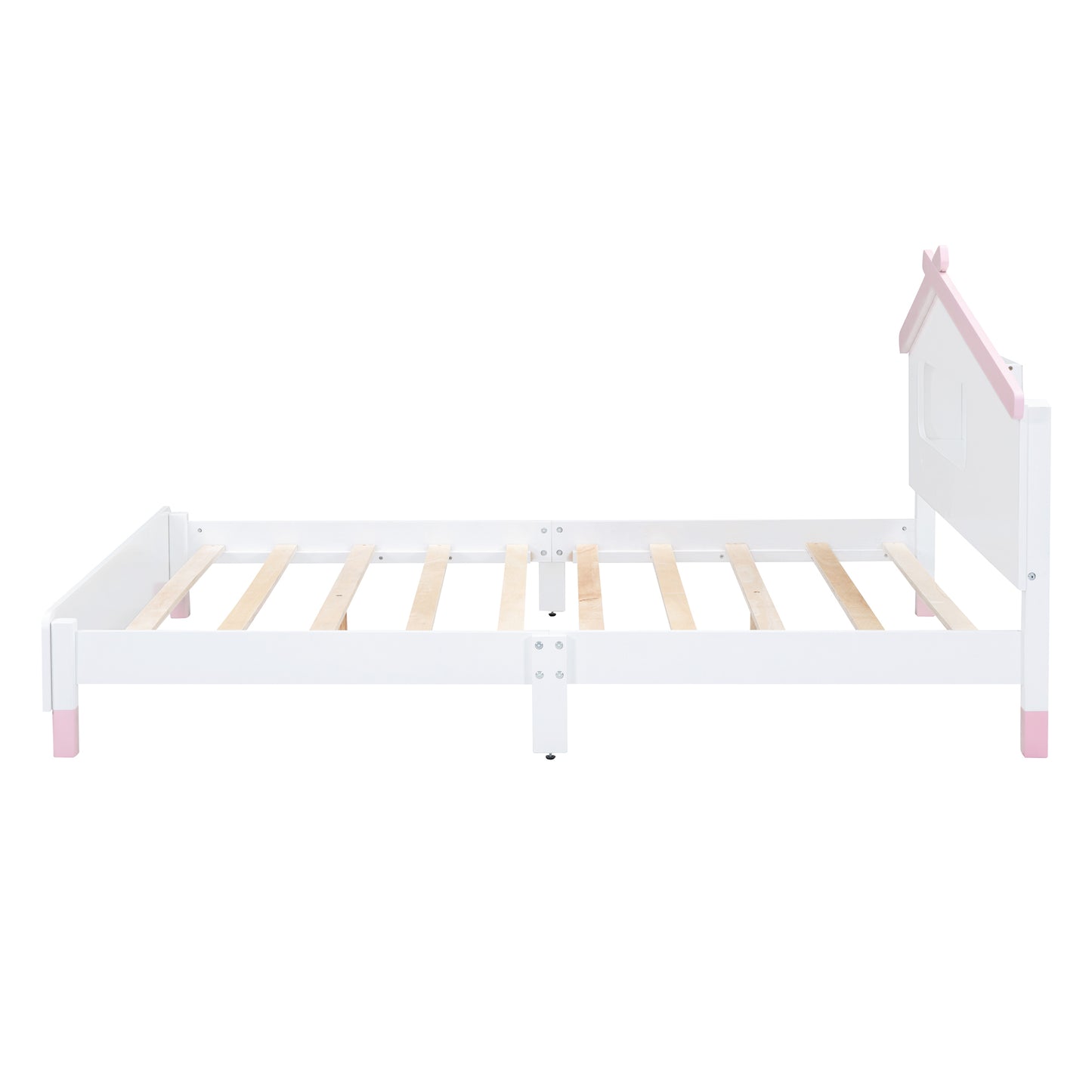 Full Size Wood Platform Bed with House-shaped Headboard and Motion Activated Night Lights (White+Pink)