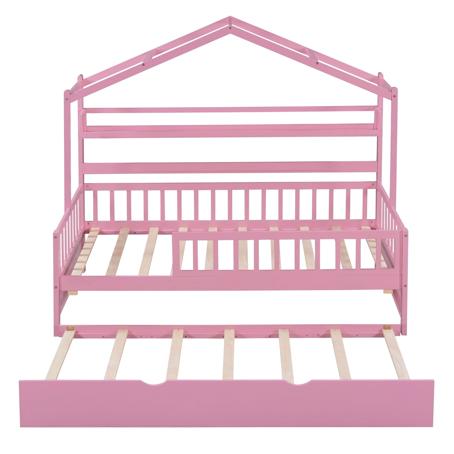 Wooden Twin Size House Platform Bed with Trundle,Kids Bed with Shelf, Pink