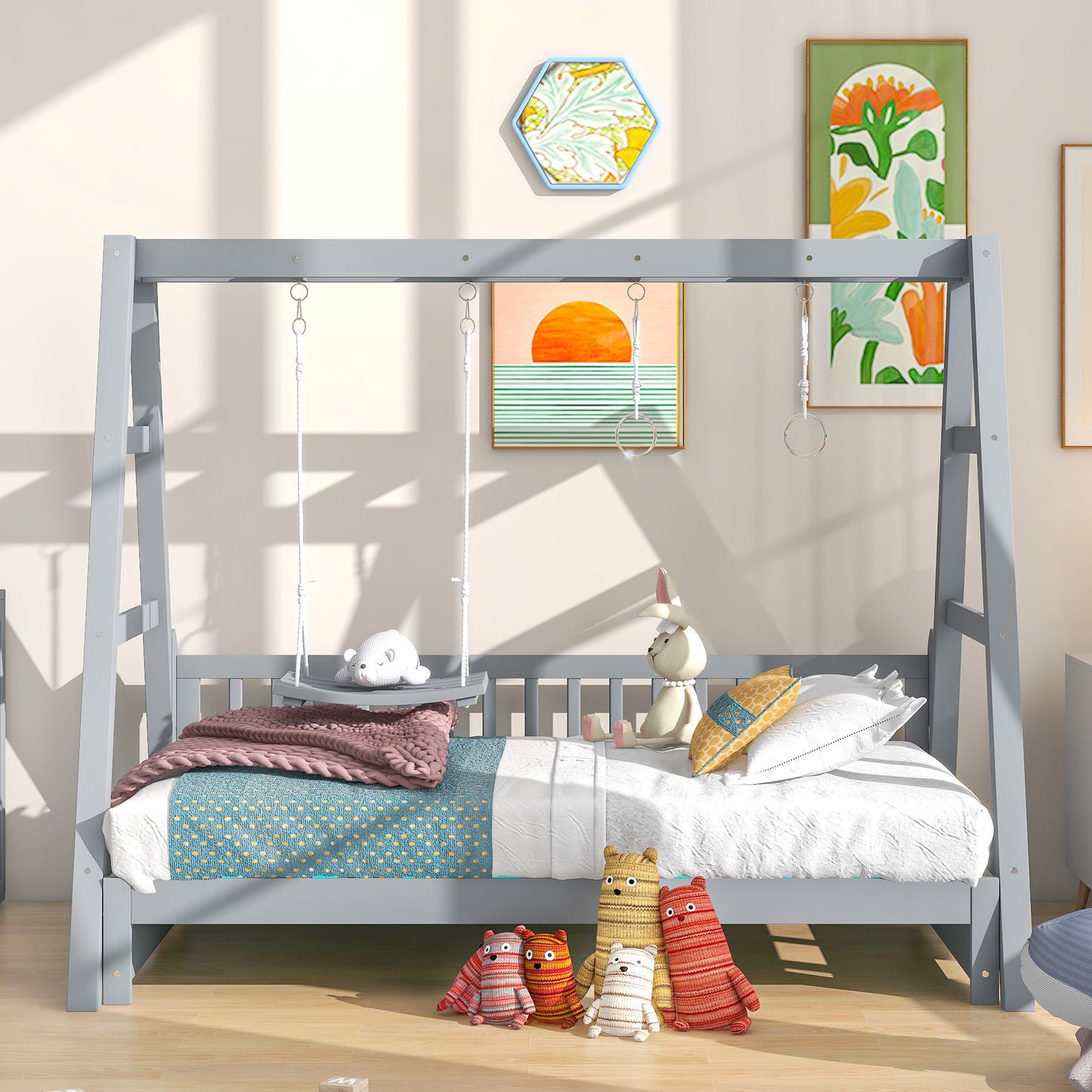 Extendable Twin Daybed with Swing and Ring Handles, Gray(Twin bed can be pulled out to be King)