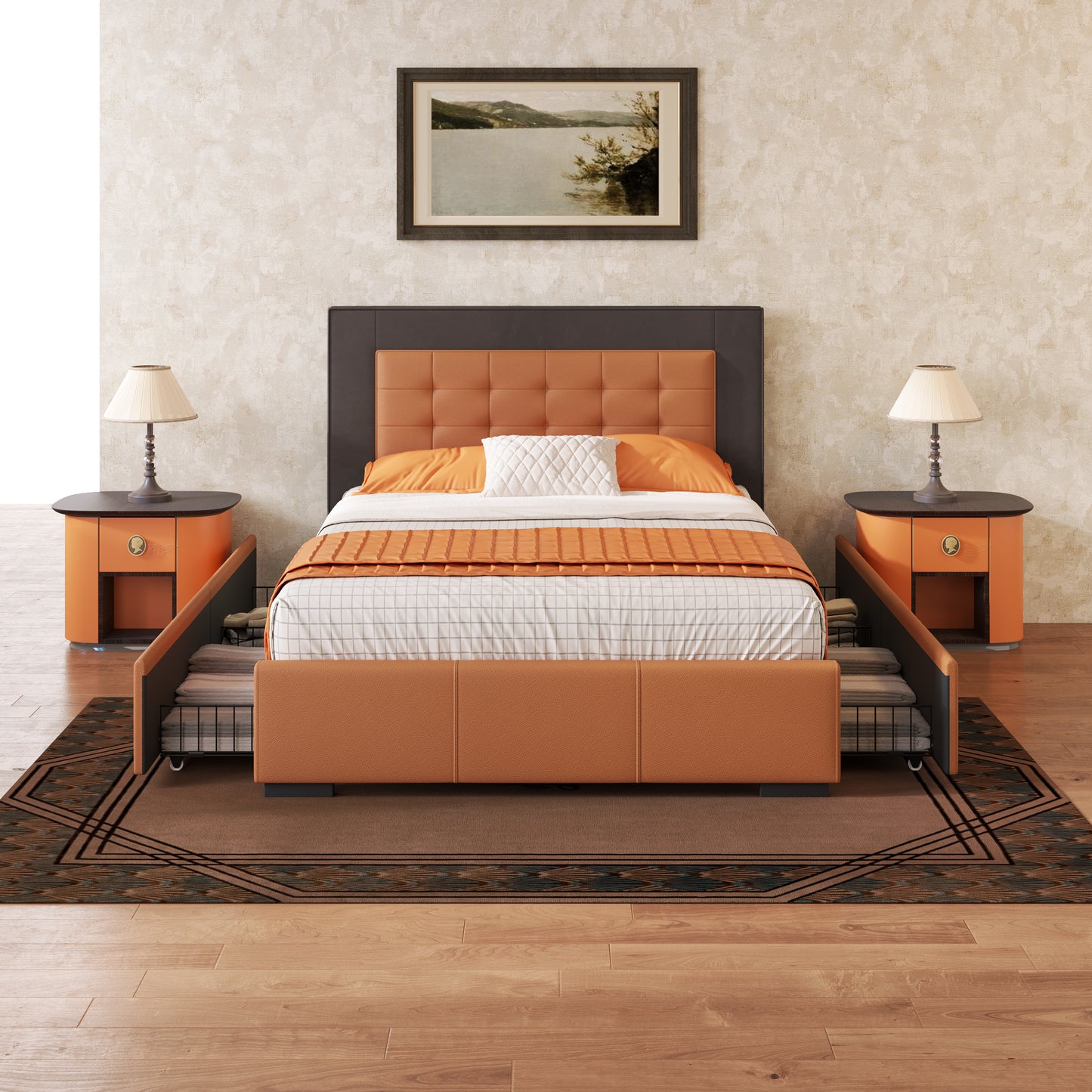 Modern Style Upholstered Queen Platform Bed Frame with Four Drawers, Button Tufted Headboard with PU Leather and Velvet, Two Color, Orange and Brown