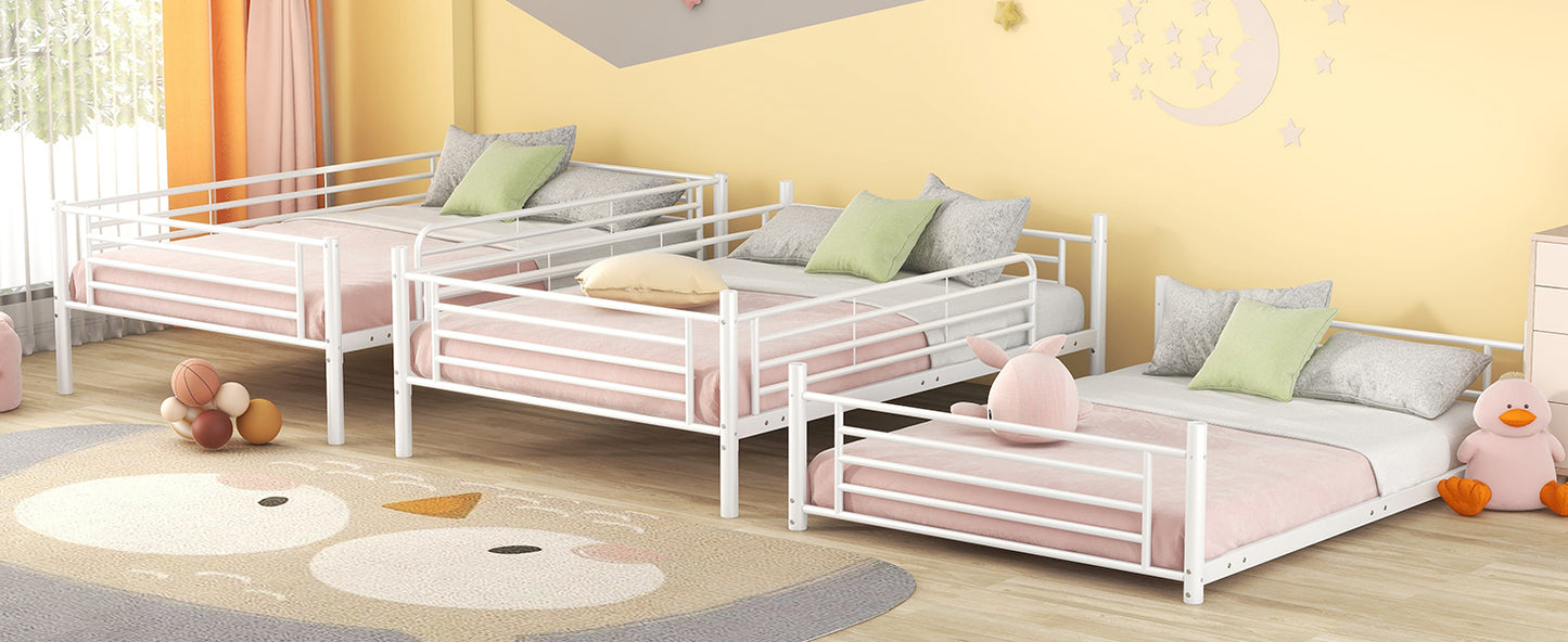 Full-Full-Full Metal Triple Bunk Bed with Built-in Ladder, Divided into Three Separate Beds,White