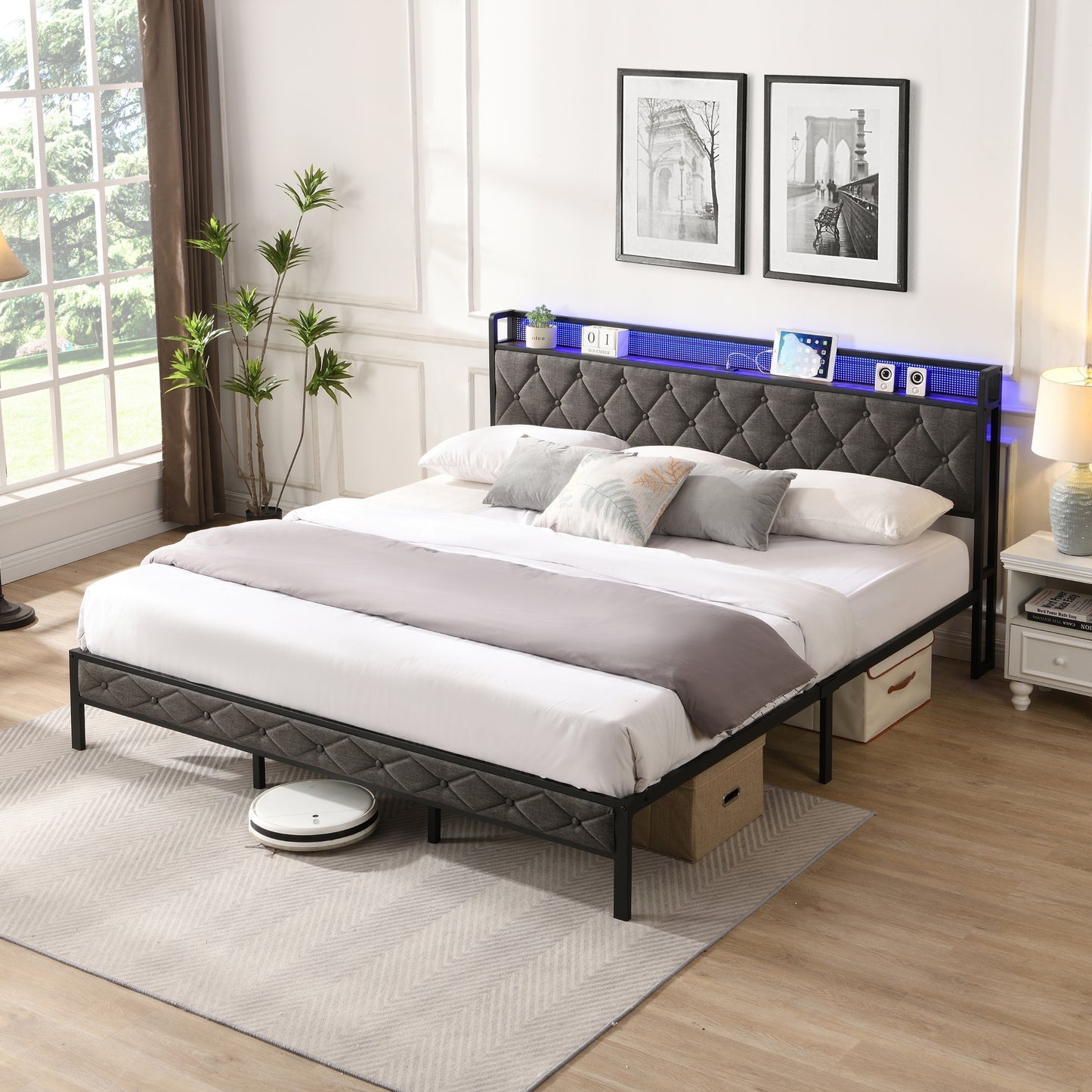King Bed Frame with Storage Headboard, Charging Station and LED Lights, Upholstered Platform Bed with Heavy Metal Slats, No Box Spring Needed, Noise Free, Easy Assembly, Dark Gray