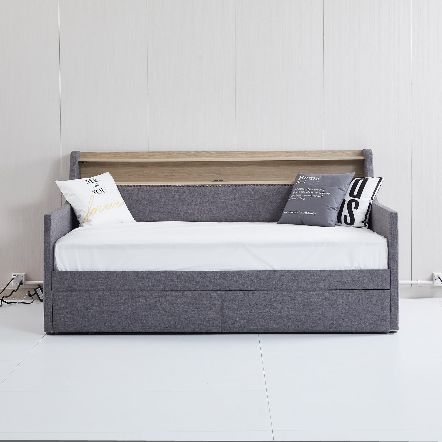 Twin Size Daybed with Storage Drawers, Upholstered Daybed with Charging Station and LED Lights, Gray