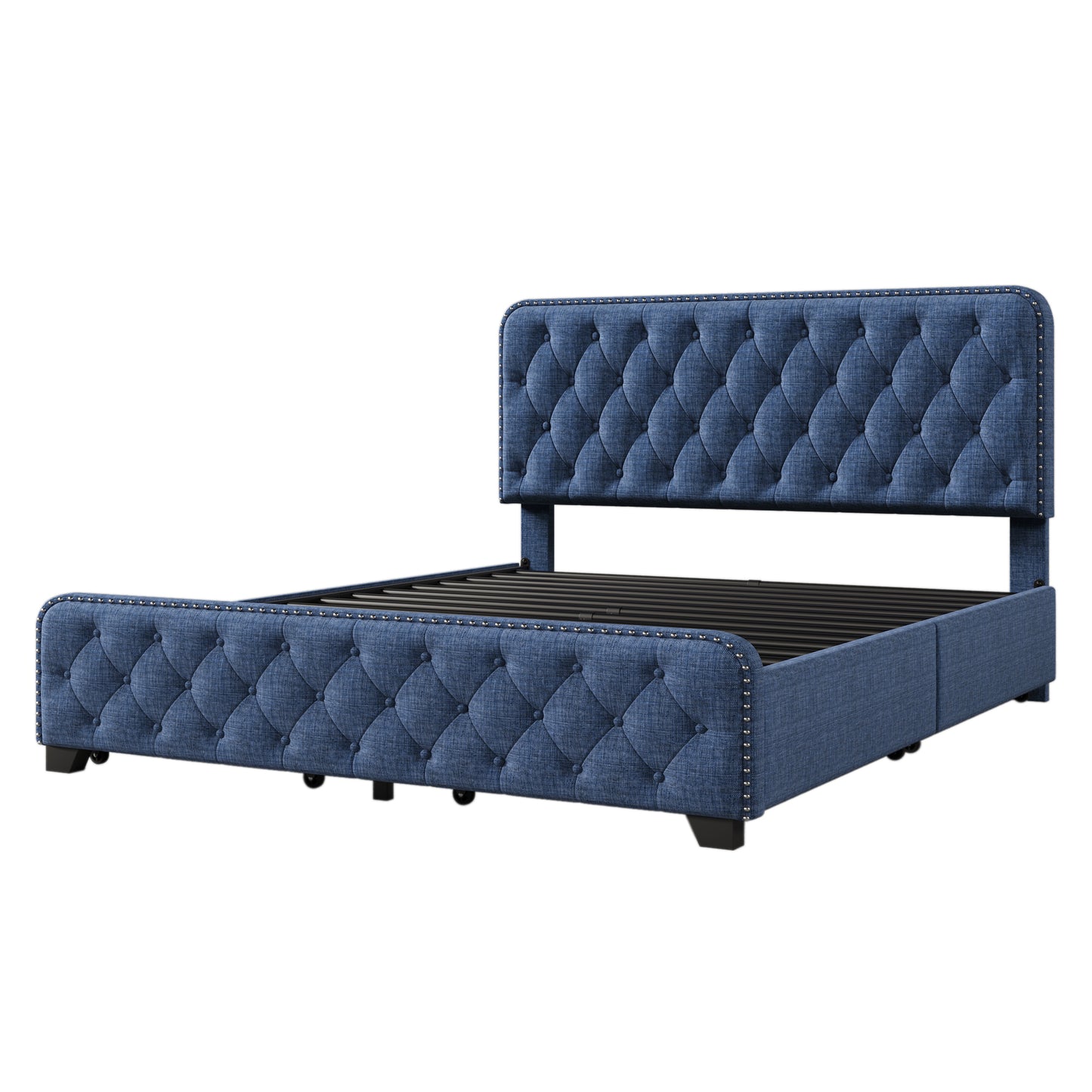 Upholstered Platform Bed Frame with Four Drawers, Button Tufted Headboard and Footboard Sturdy Metal Support, No Box Spring Required, Blue, Queen