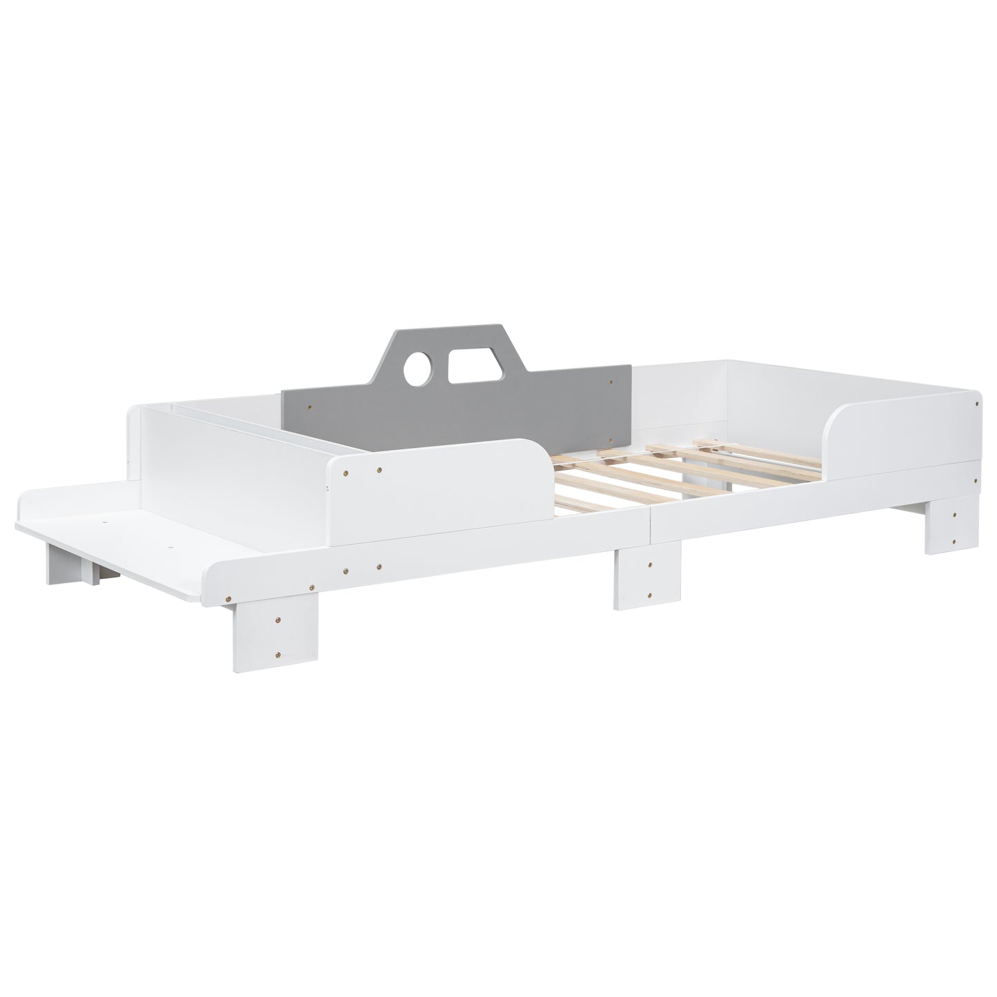 Twin Car-Shaped Platform Bed with Bench, White