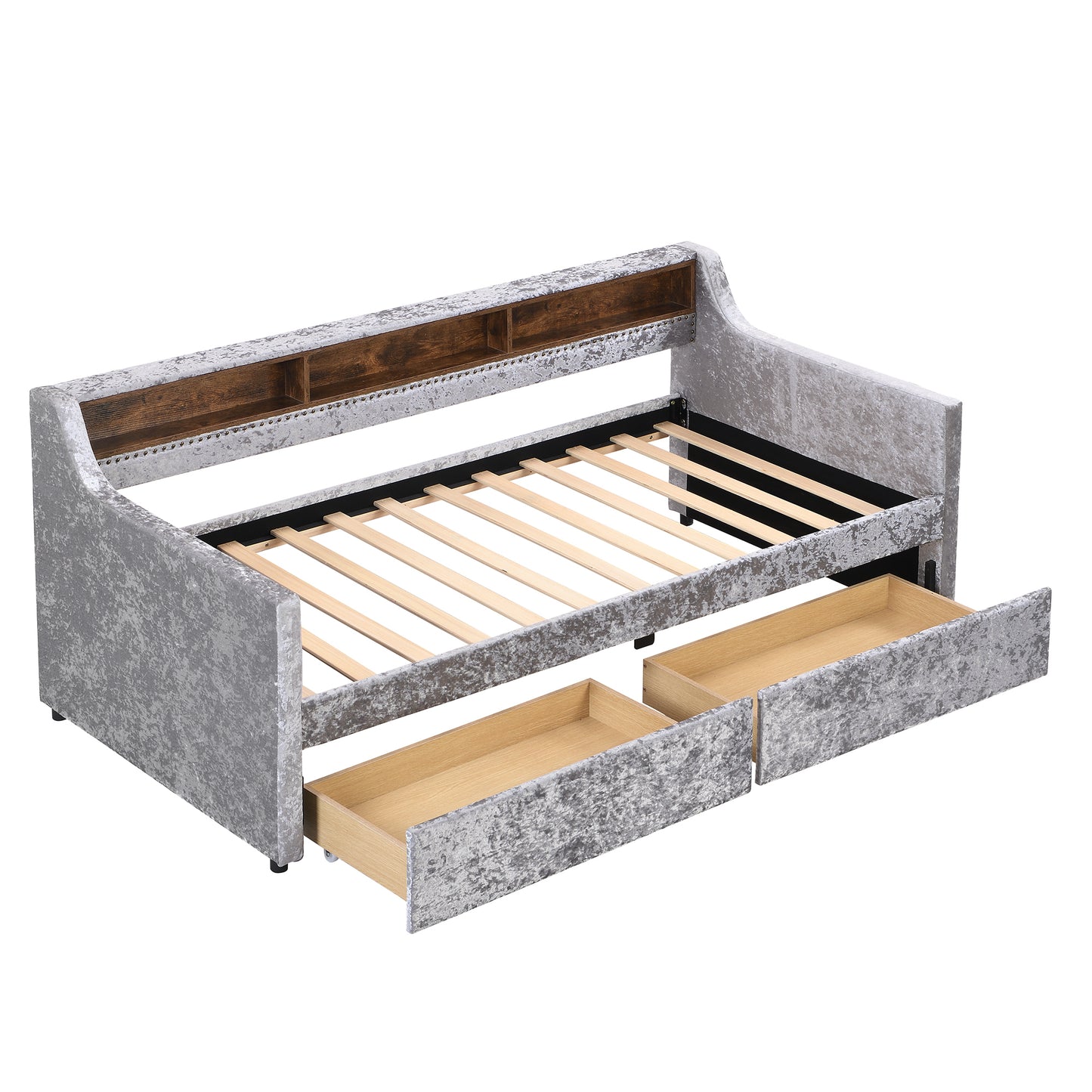 Twin Size Snowflake Velvet Daybed with Two Storage Drawers and Built-in Storage Shelves,Gray