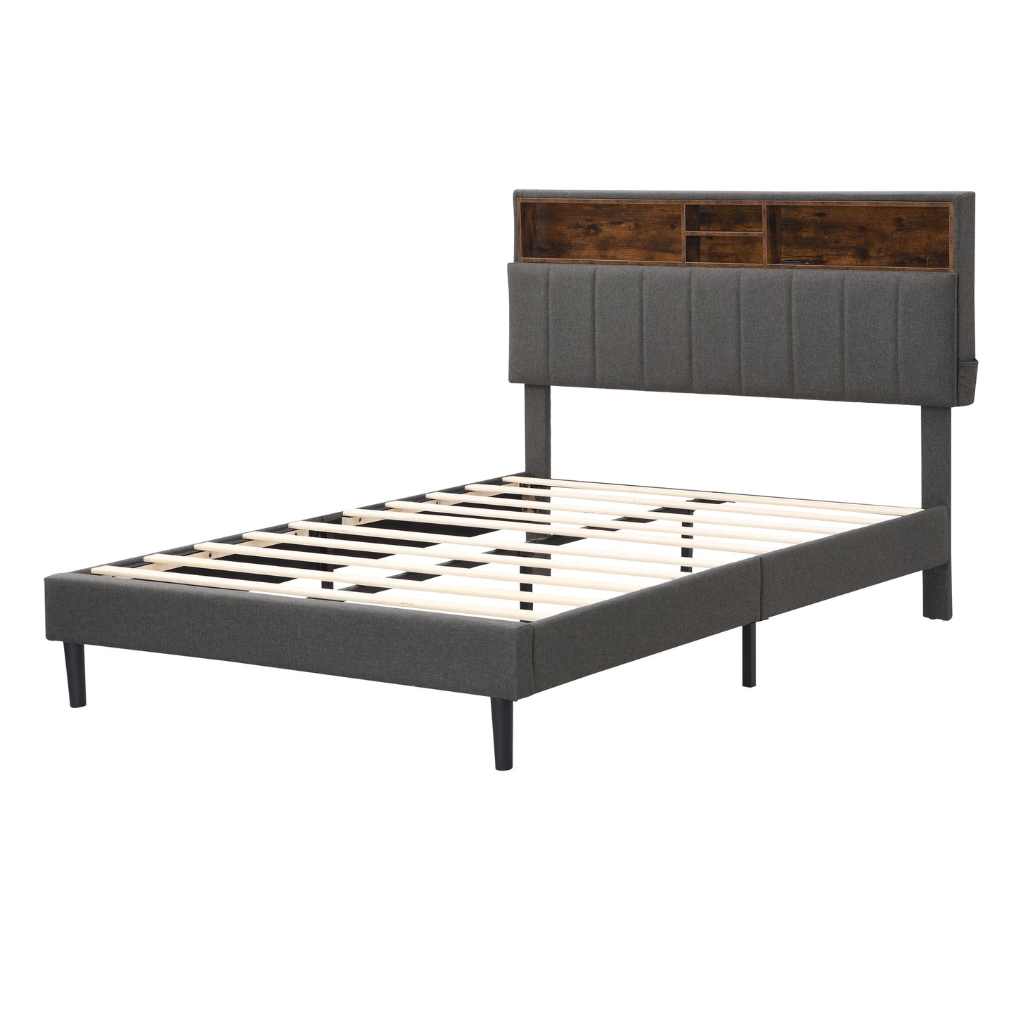 Full size Upholstered Platform Bed with Storage Headboard and USB Port,  Linen Fabric Upholstered Bed (Gray)