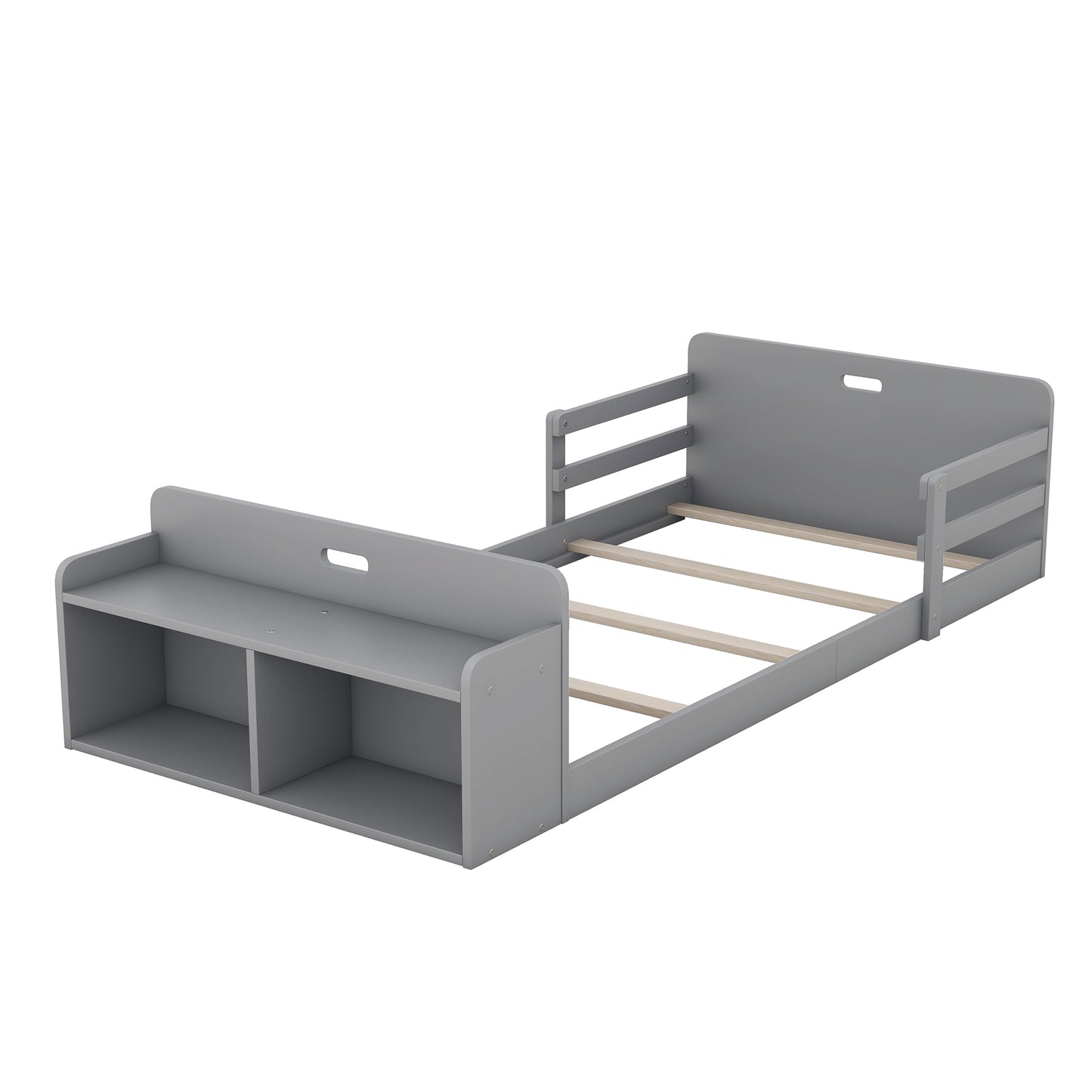 Twin Size Floor Platform Bed with Storage Footboard and Guardrail, Grey