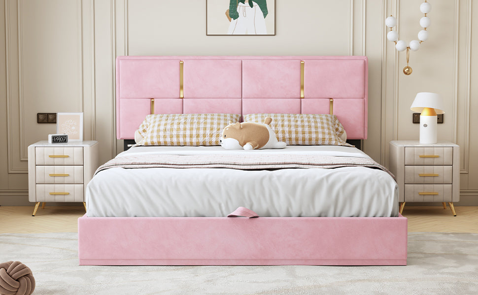 Queen Size Upholstered Platform Bed with Hydraulic Storage System,No Box Spring Needed,Pink