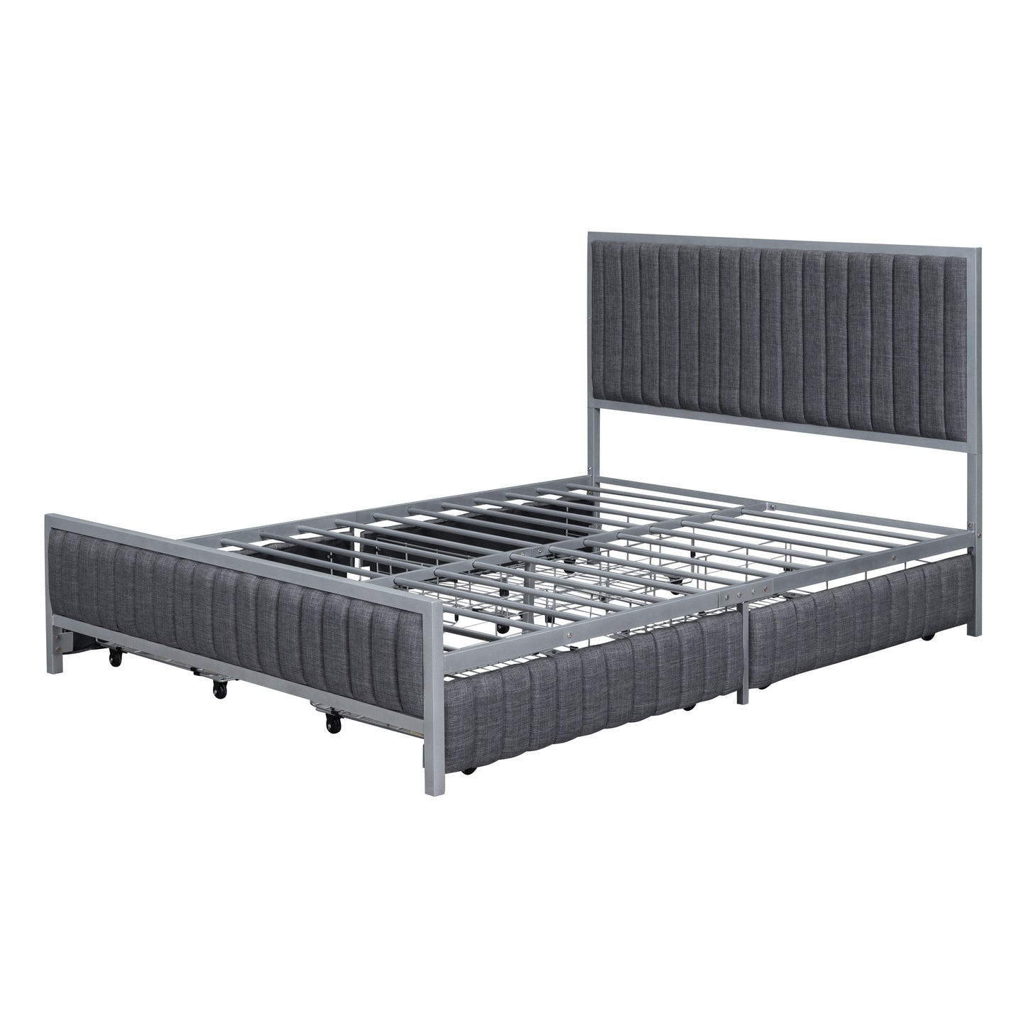 Full Size Upholstered Platform Bed with 4 Drawers, Linen Fabric, Gray