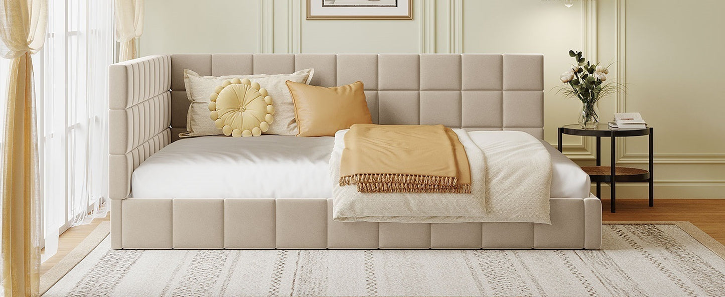 Full Size Upholstered Daybed/Sofa Bed Frame-Beige, Velvet