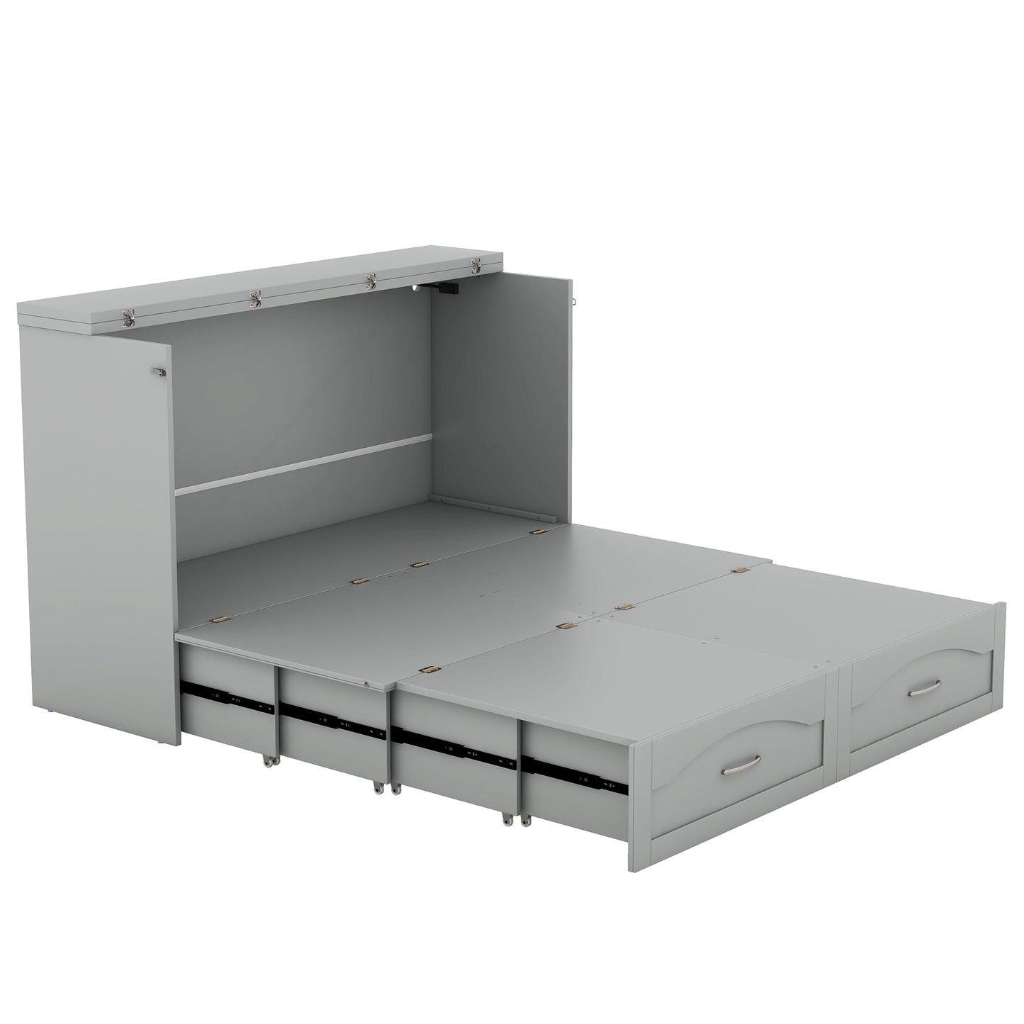 Queen Size Murphy Bed Wall Bed with drawer and a set of Sockets & USB Ports, Pulley Structure Design, Gray